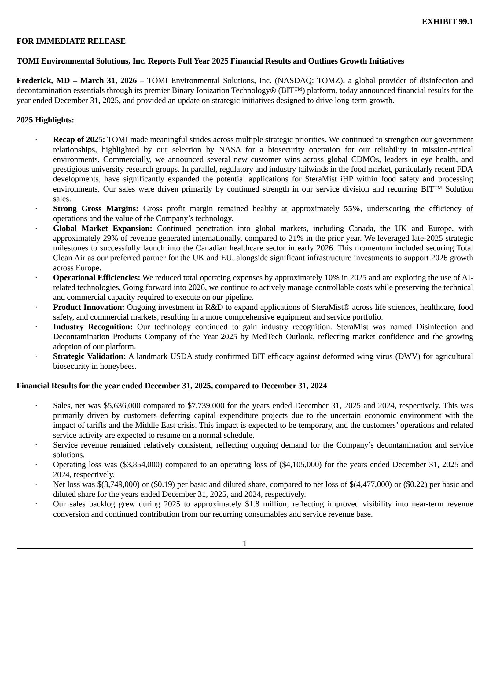 TOMI Environmental Solutions' Q4 2025 Press Release