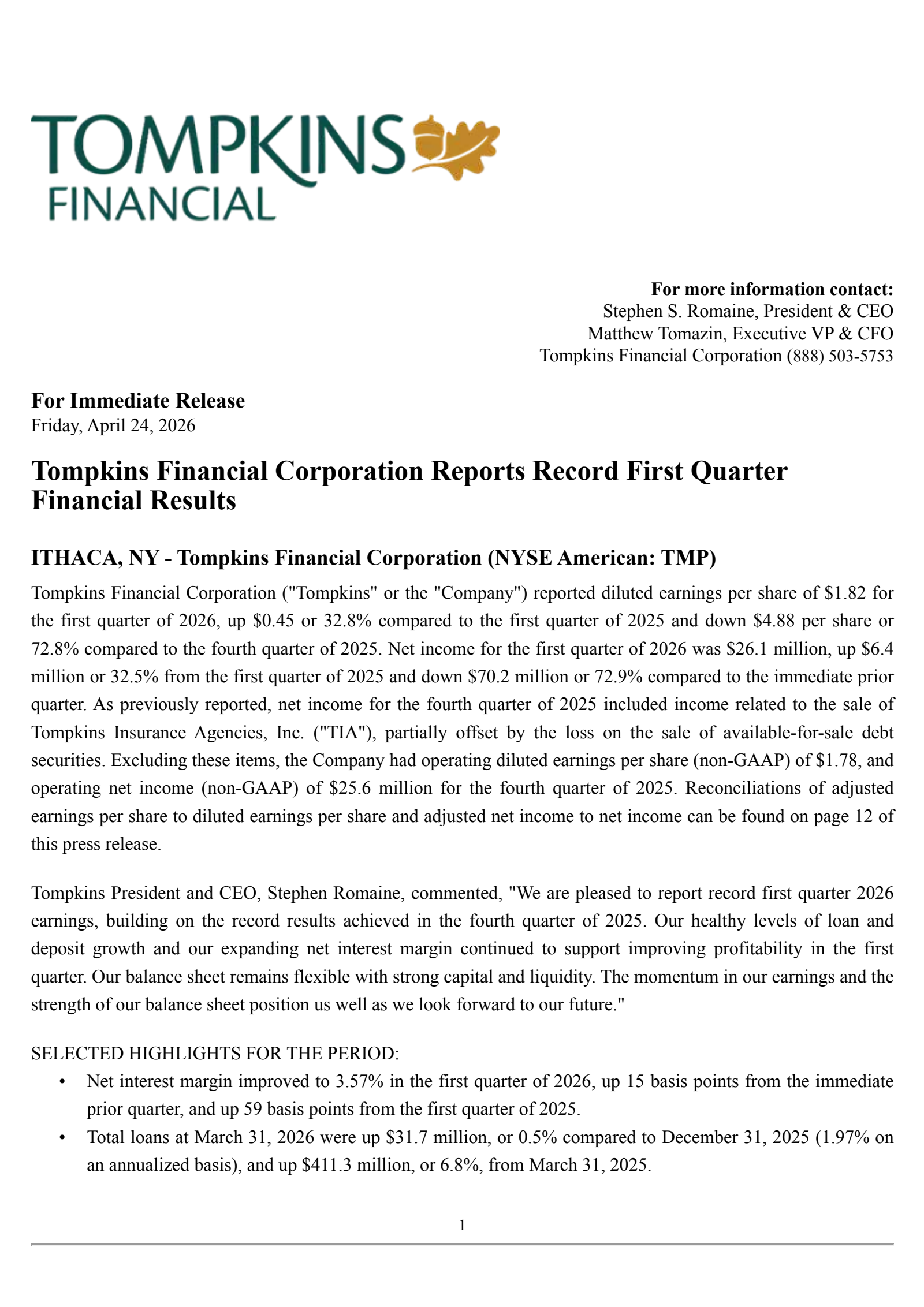 Tompkins Financial's Q1 2026 Press Release