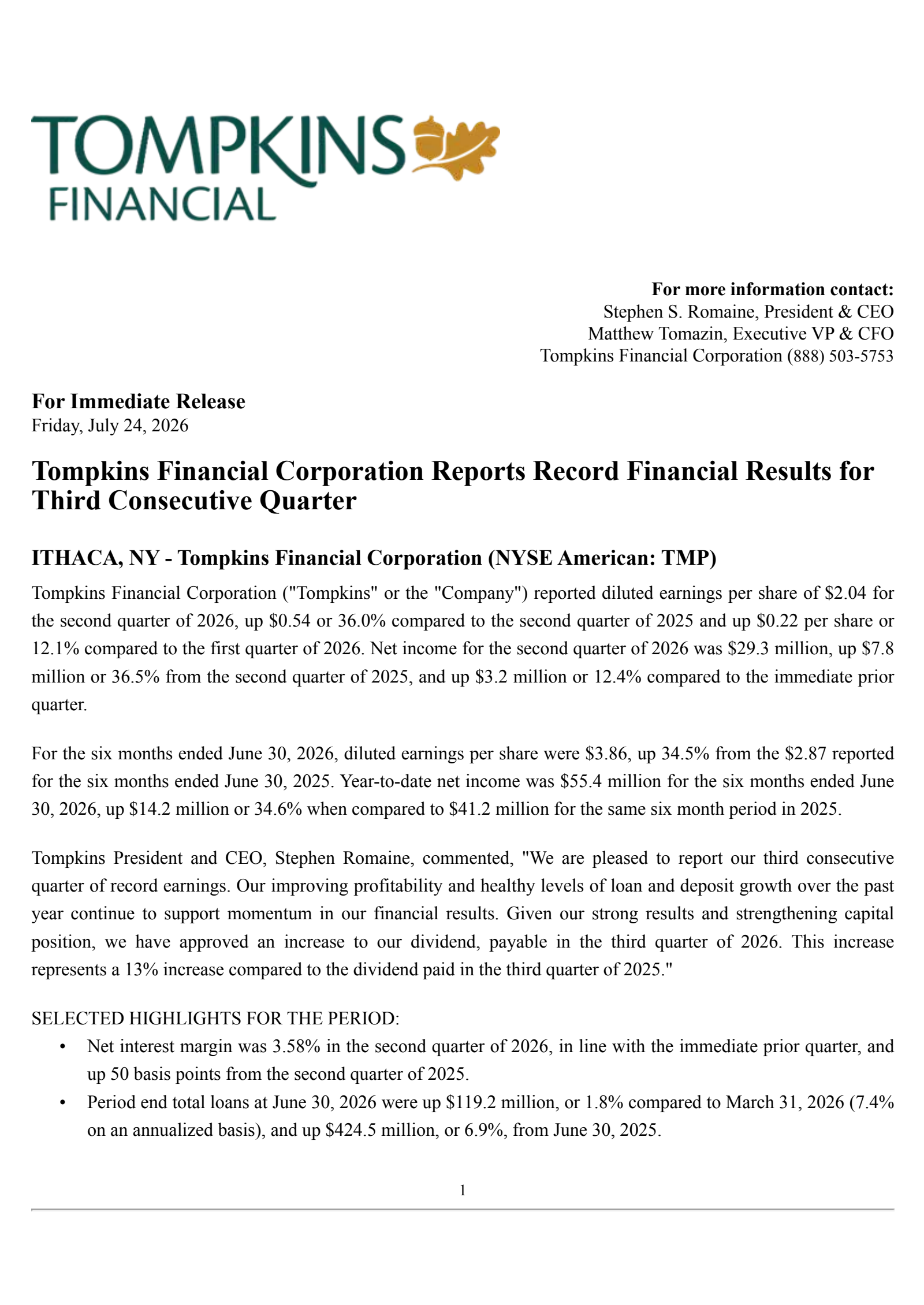 Tompkins Financial's Q2 2026 Press Release