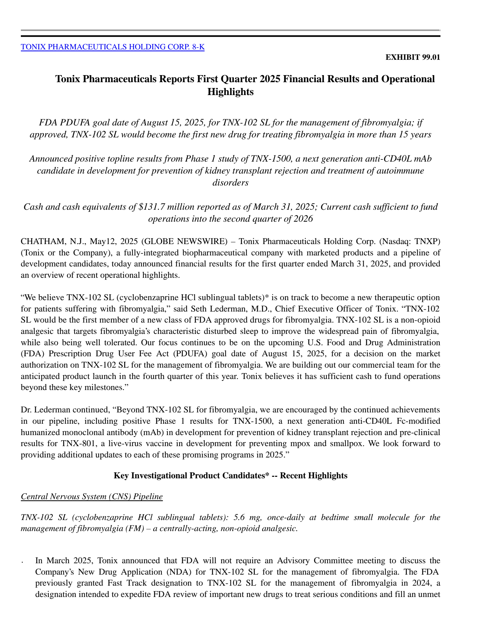 Tonix Pharmaceuticals' Q1 2025 Press Release