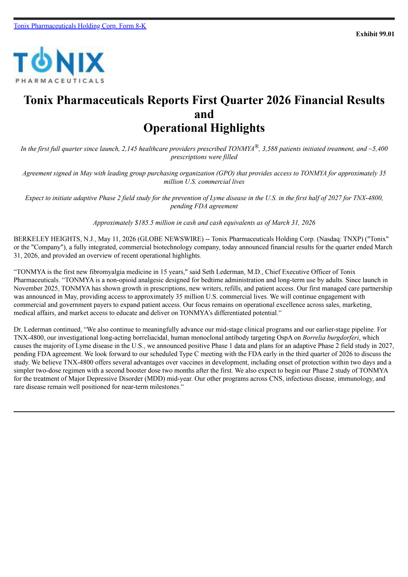 Tonix Pharmaceuticals' Q1 2026 Press Release