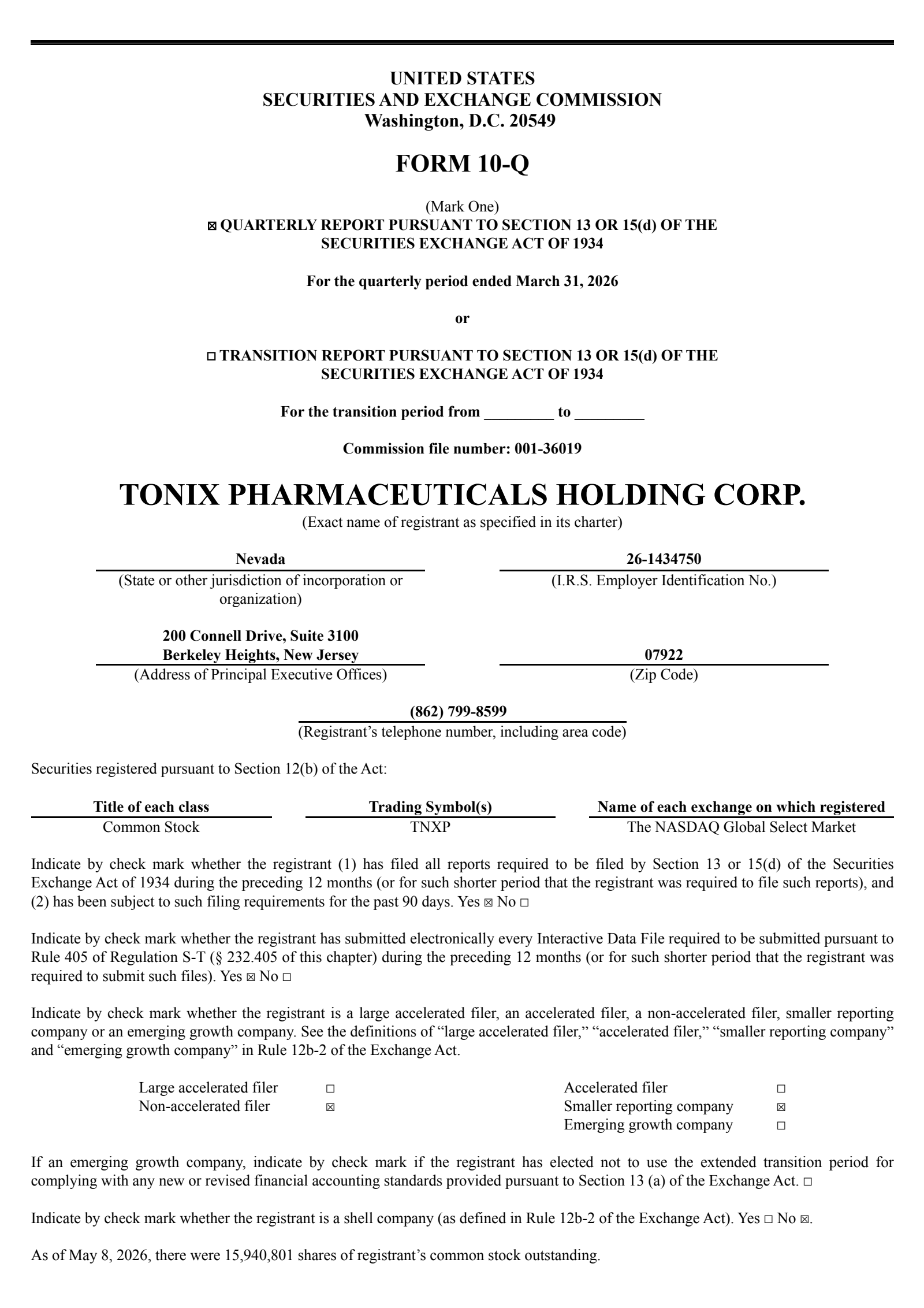 Tonix Pharmaceuticals' Q1 2026 Quarterly report