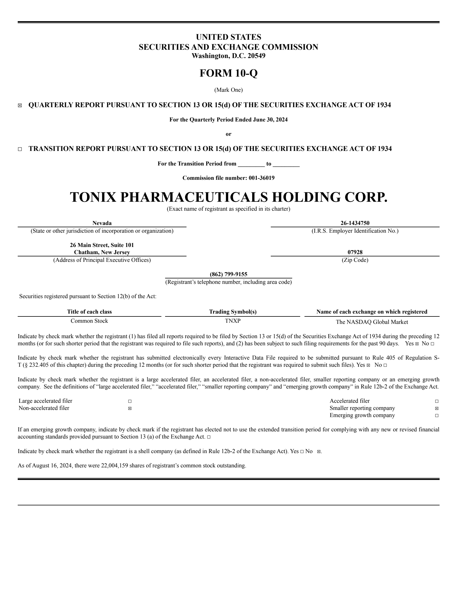 Tonix Pharmaceuticals' Q2 2024 Quarterly Report
