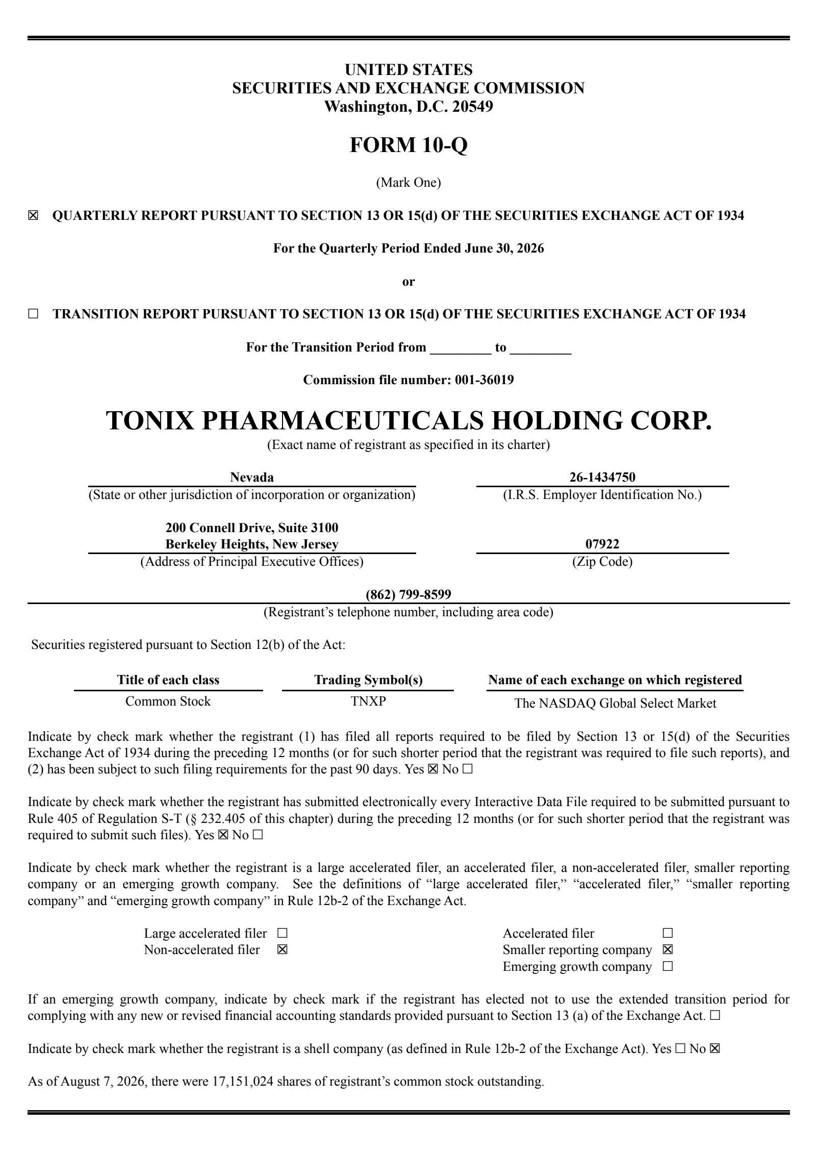 Tonix Pharmaceuticals' Q2 2026 Quarterly report