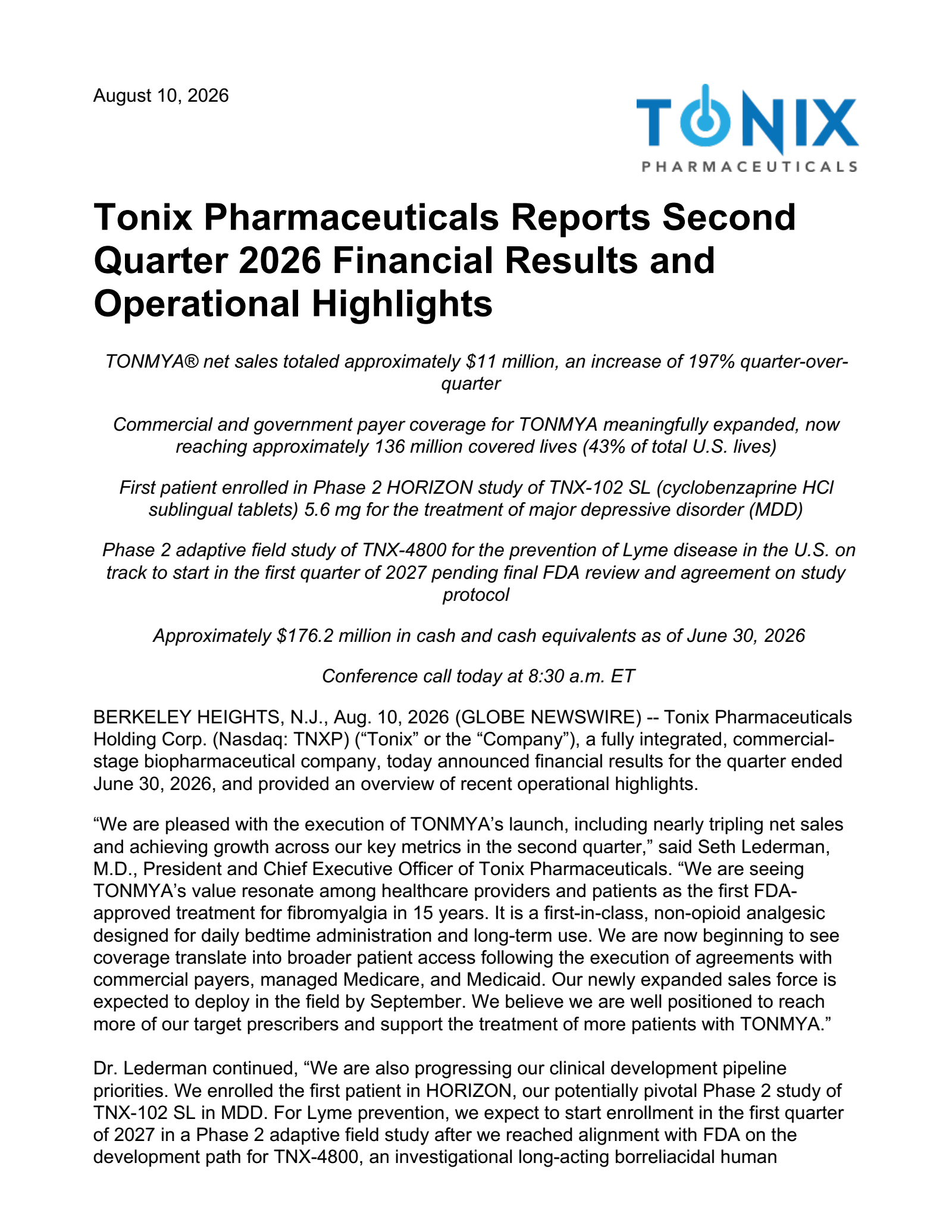 Tonix Pharmaceuticals' Q2 2026 Press Release
