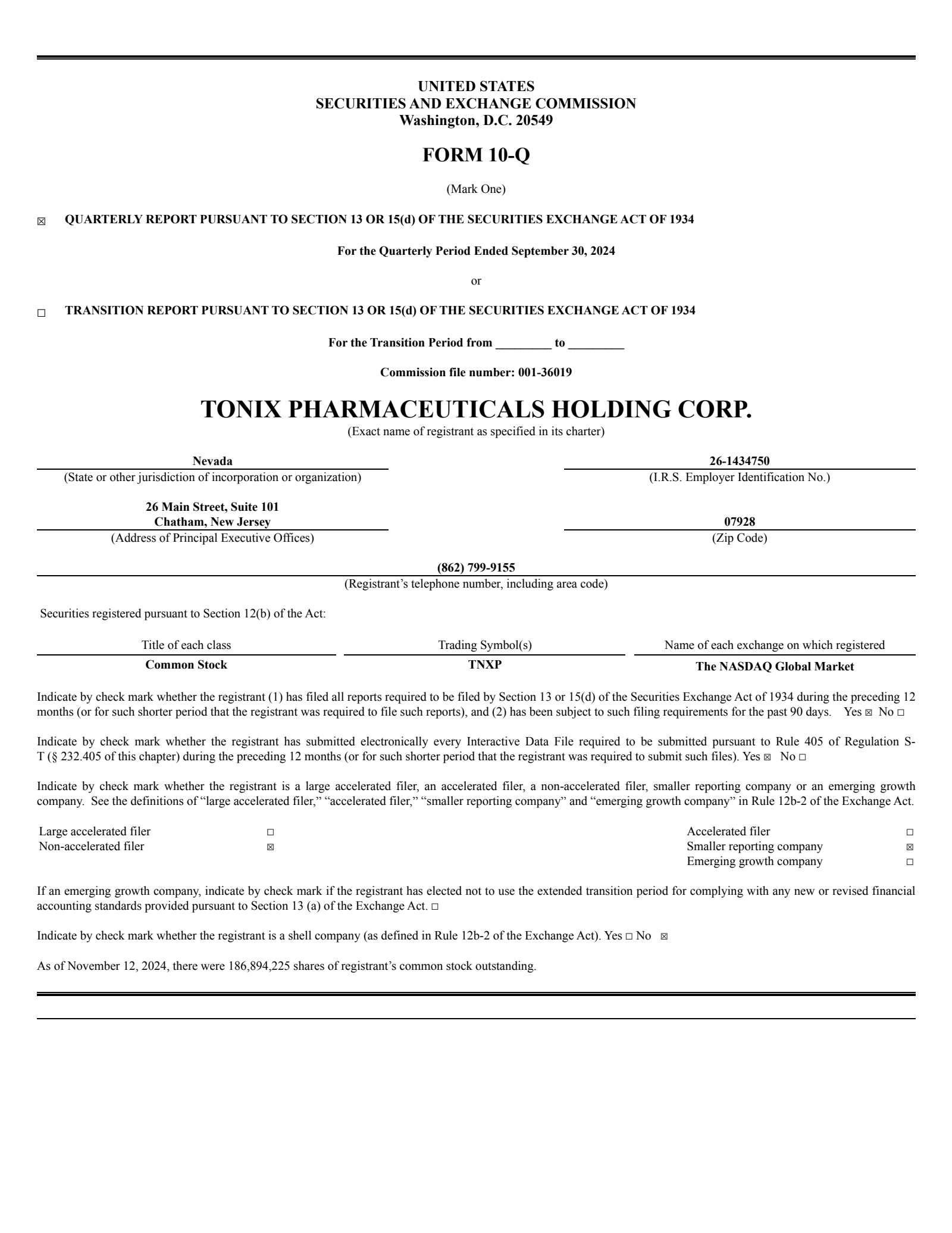 Tonix Pharmaceuticals' Q3 2024 Quarterly Report