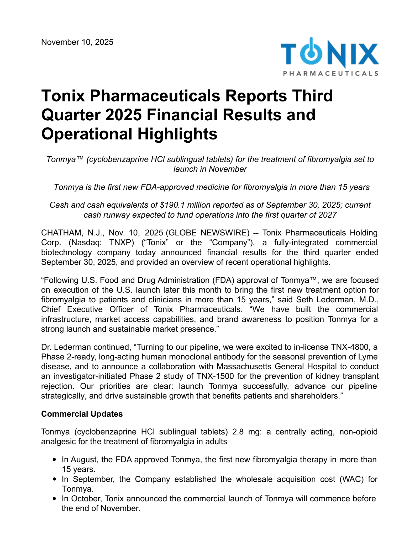 Tonix Pharmaceuticals' Q3 2025 Earnings Release