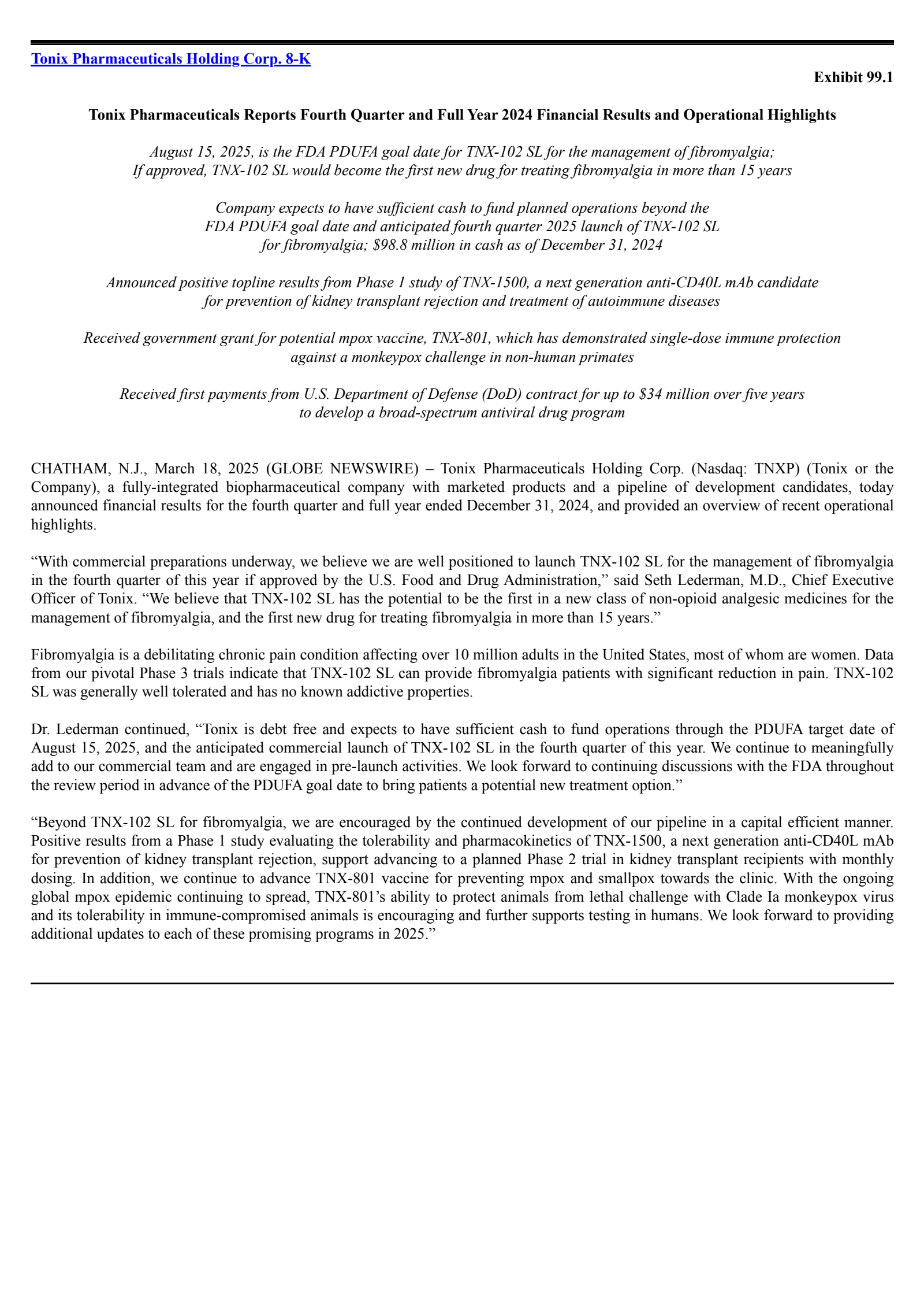 Tonix Pharmaceuticals' Q4 2024 Report
