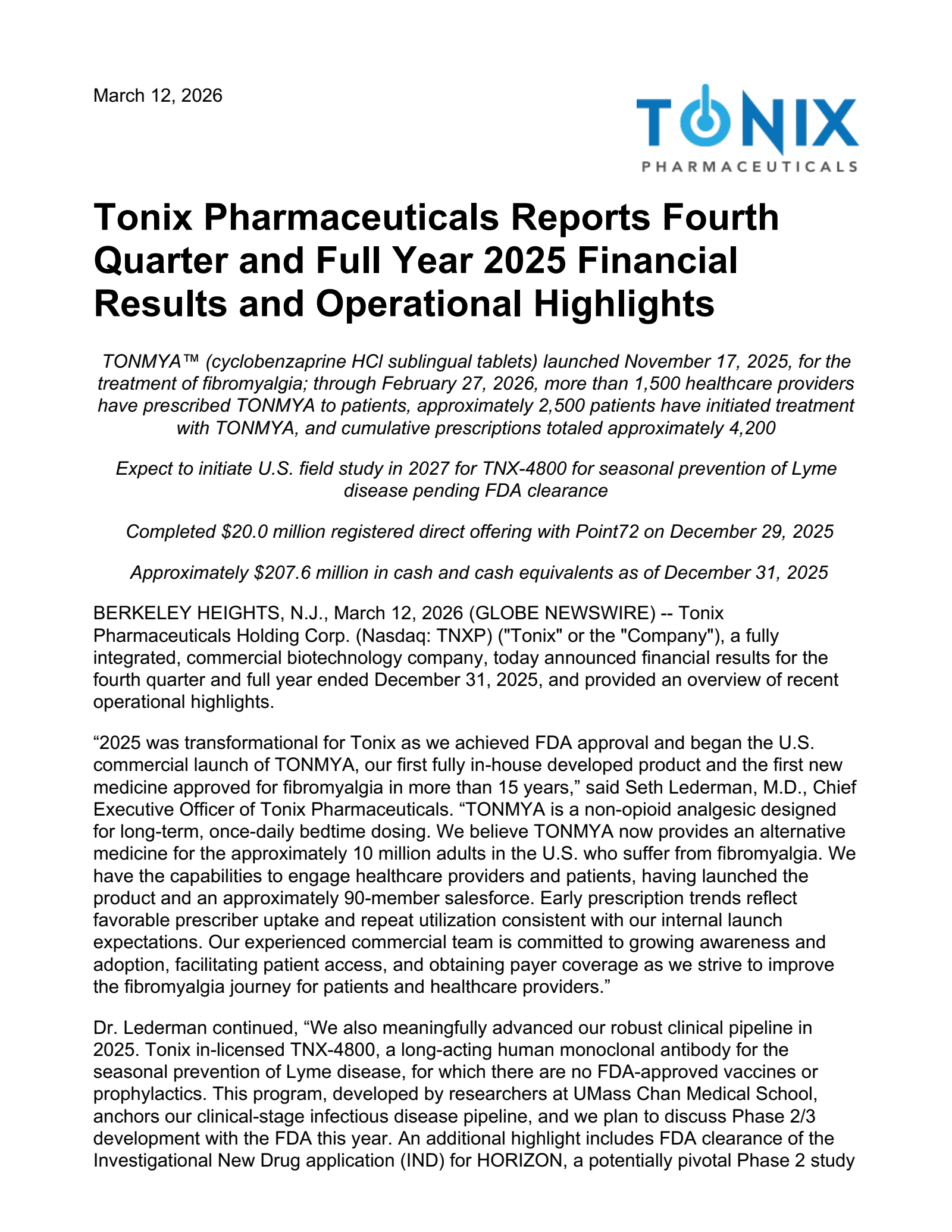 Tonix Pharmaceuticals' Q4 2025 Press Release