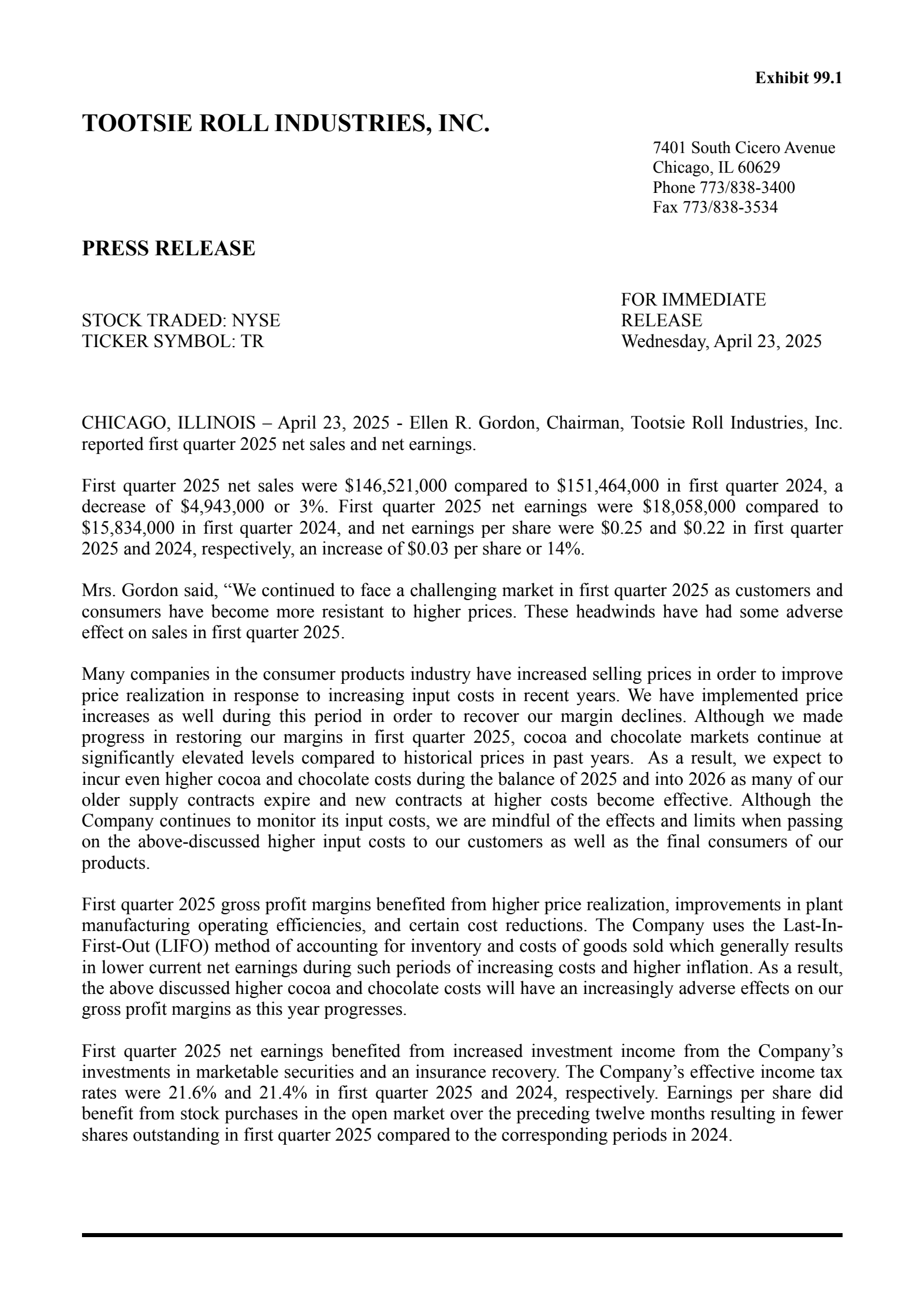 Tootsie Roll Industries' Q1 2025 Press Release