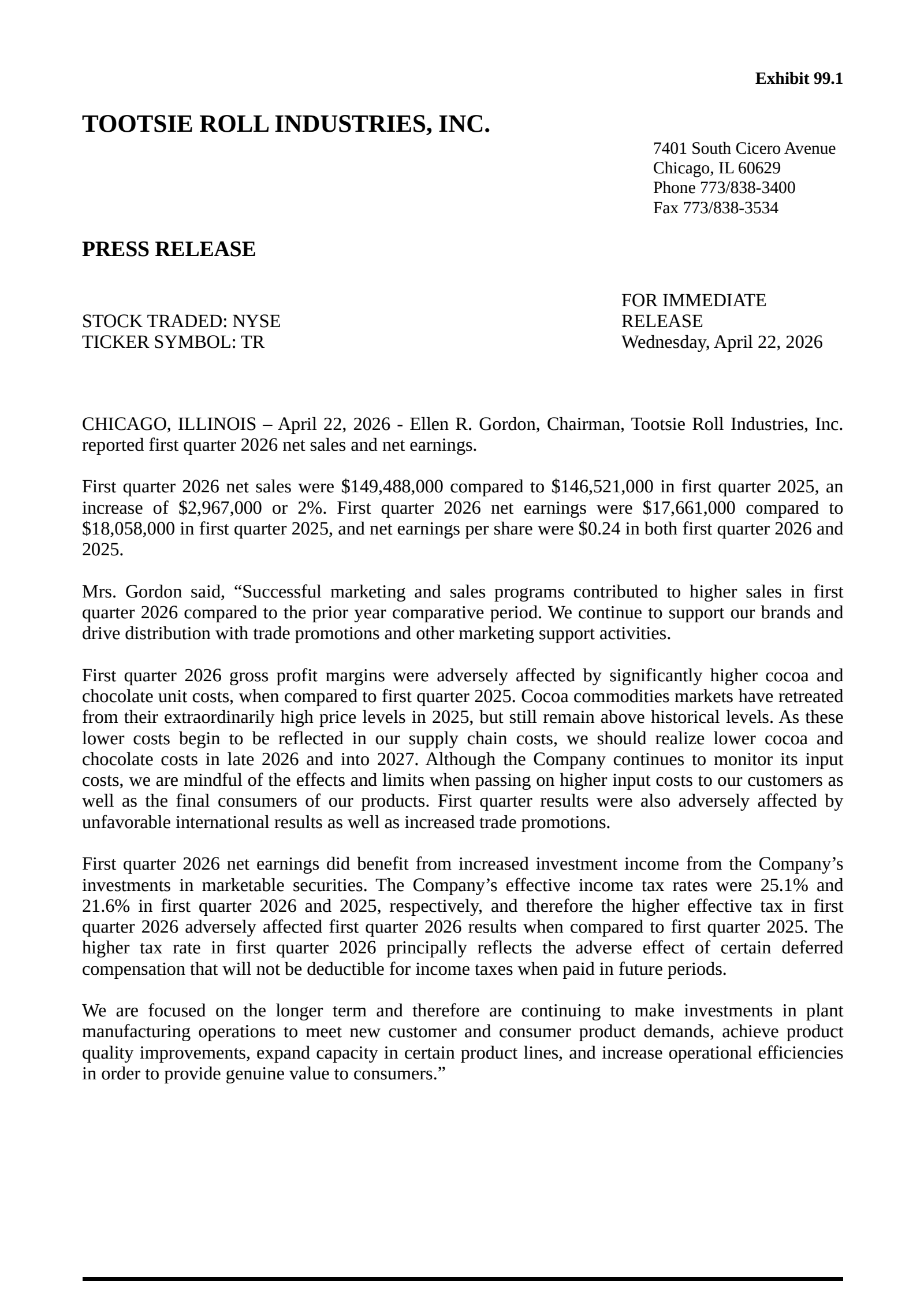 Tootsie Roll Industries' Q1 2026 Press Release