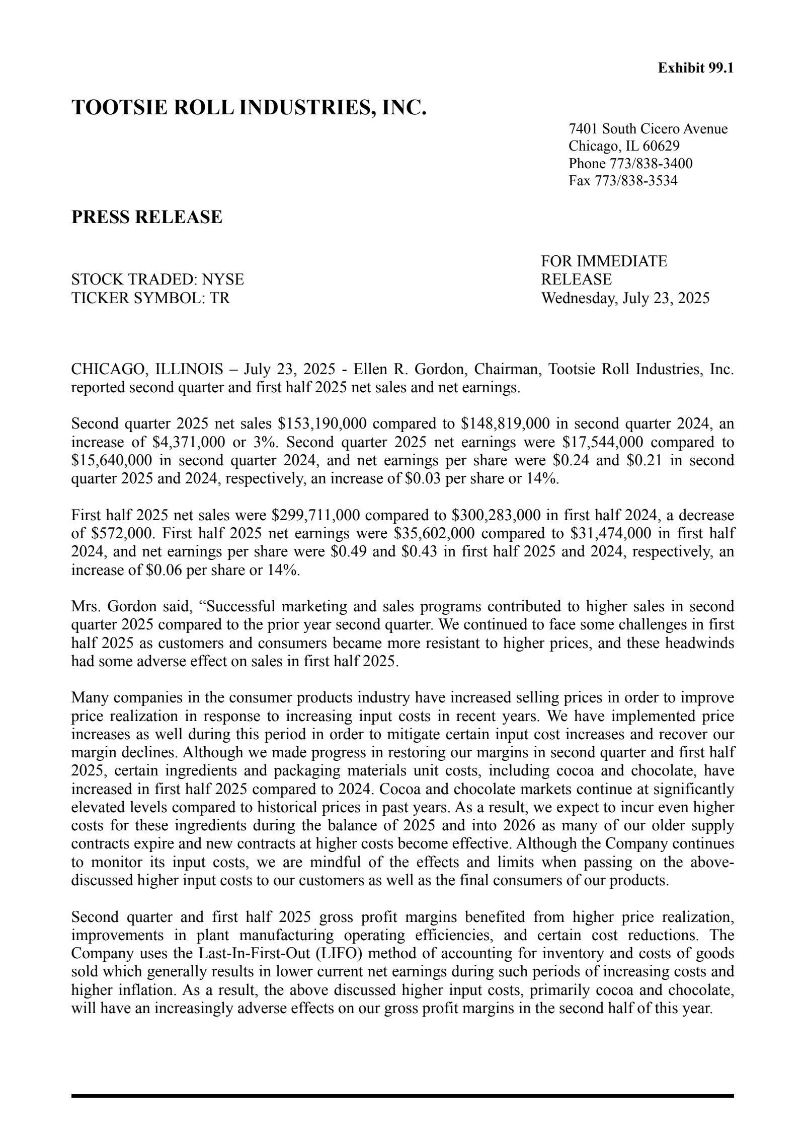Tootsie Roll Industries' Q2 2025 Press Release