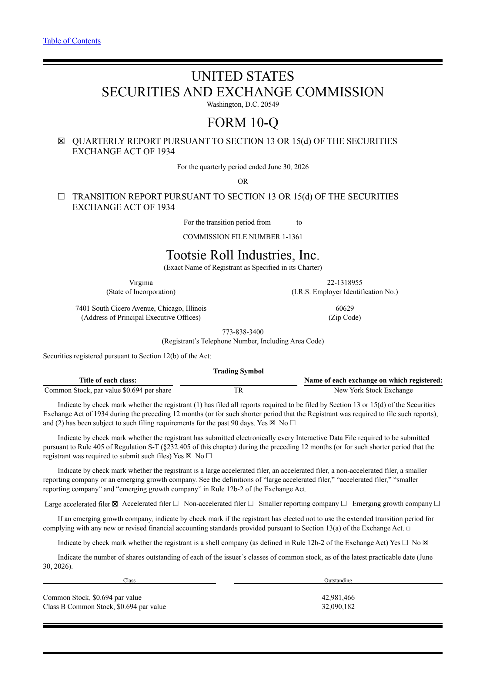 Tootsie Roll Industries' Q2 2026 Quarterly report
