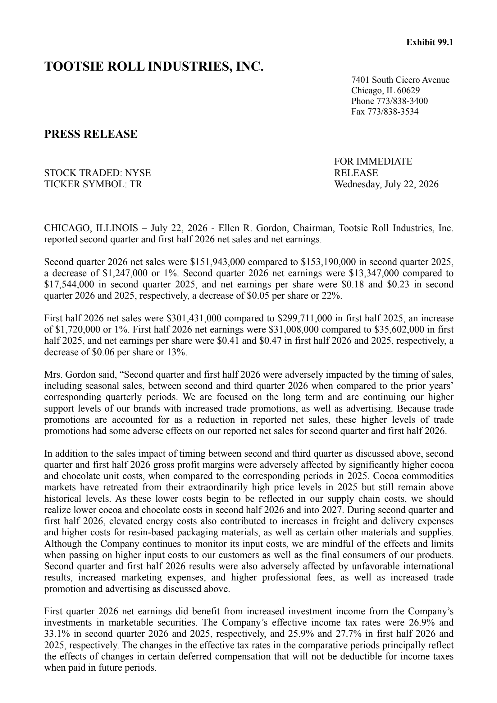 Tootsie Roll Industries' Q2 2026 Press Release
