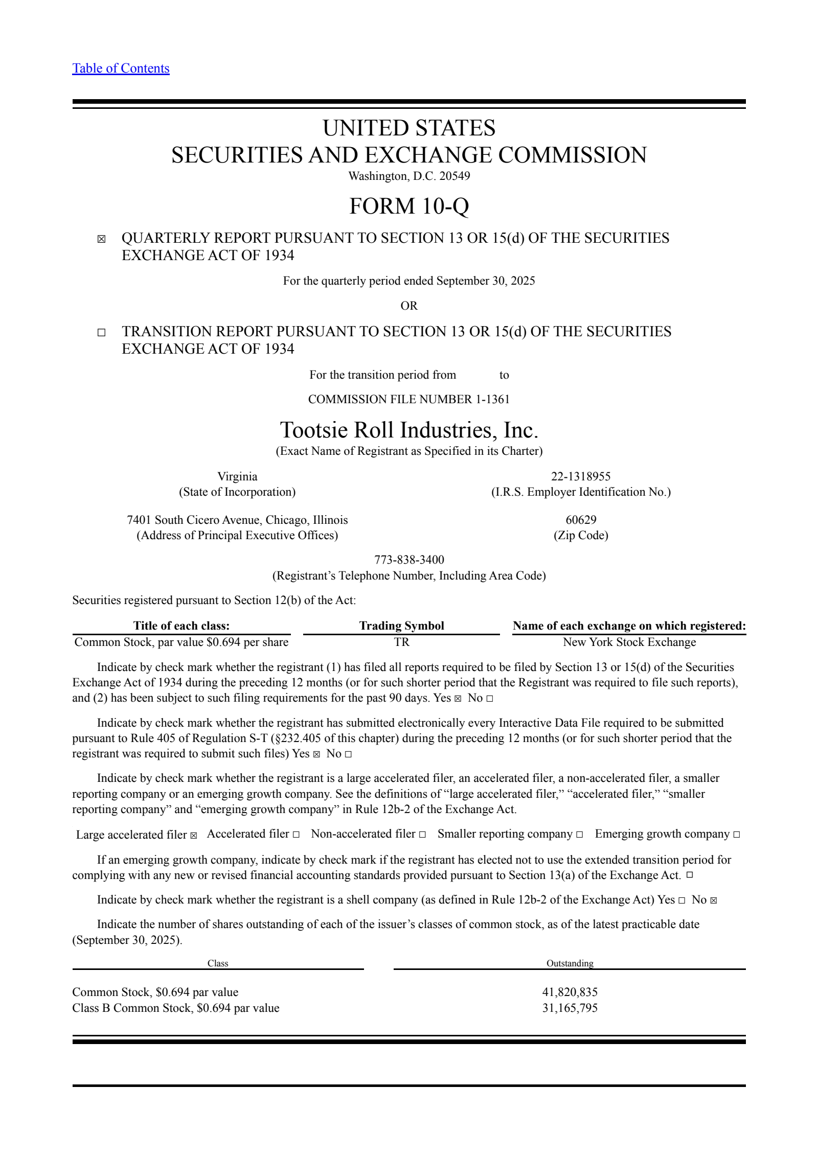 Tootsie Roll Industries' Q3 2025 Quarterly Report