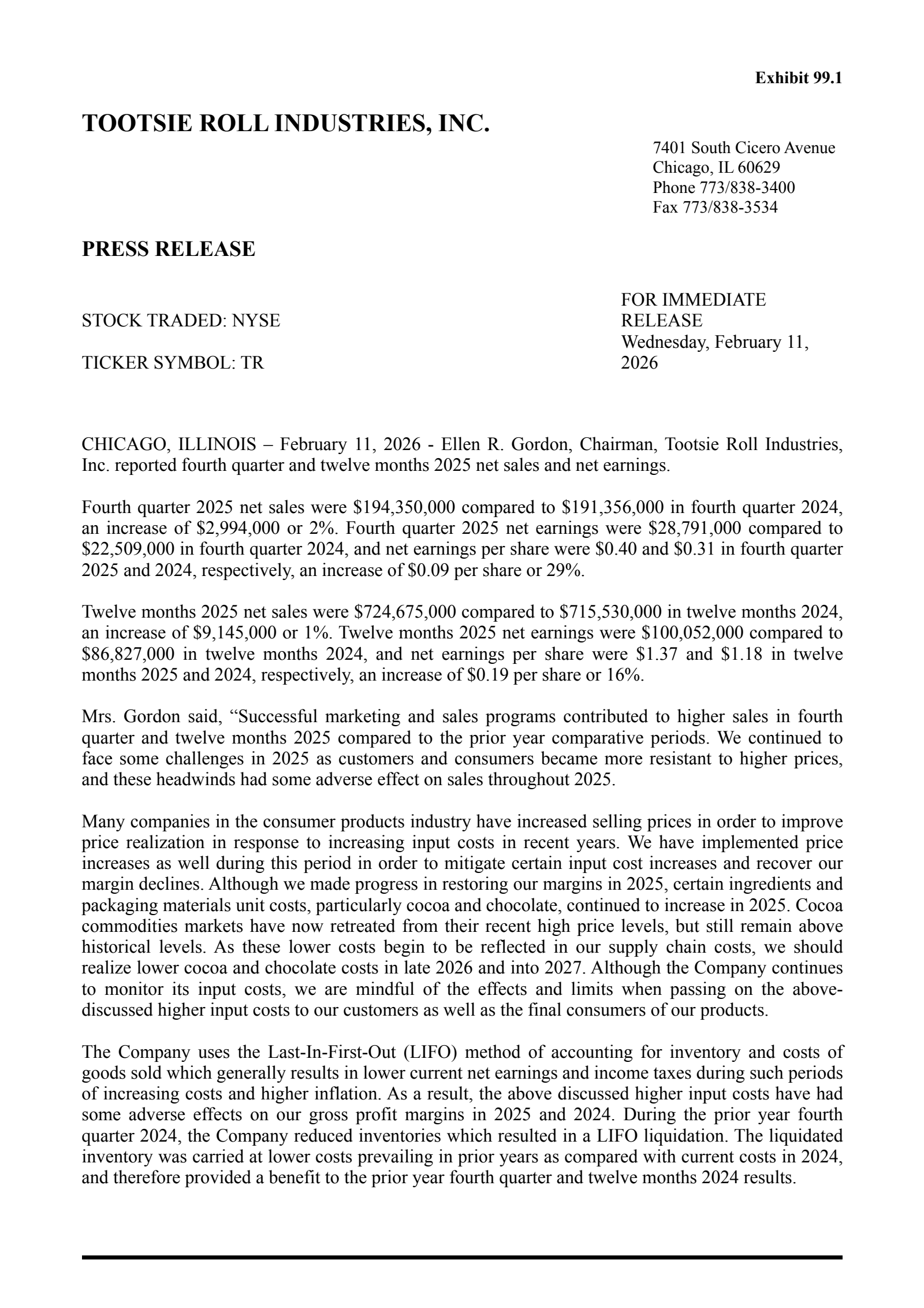 Tootsie Roll Industries' Q4 2025 Press Release