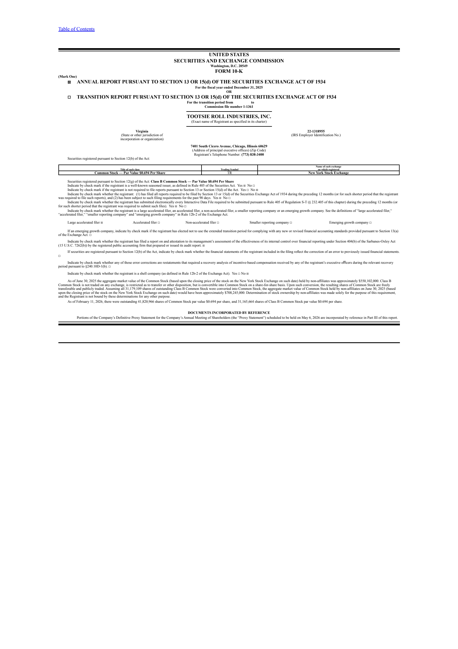 Tootsie Roll Industries' Q4 2025 Annual report
