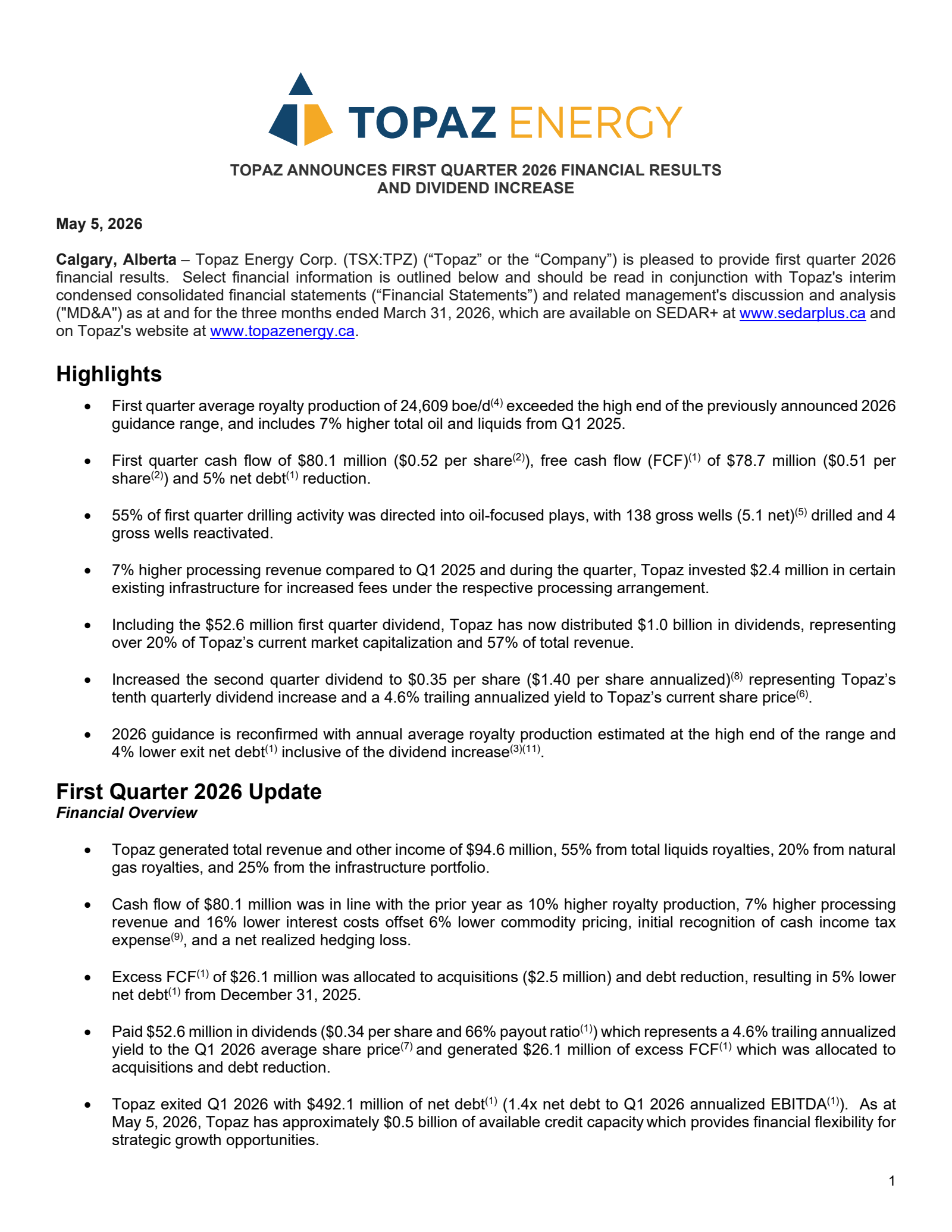 Topaz Energy's Q1 2026 Press Release