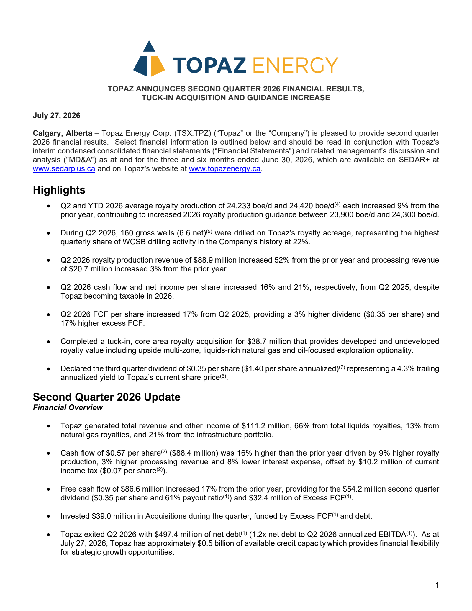 Topaz Energy's Q2 2026 Press Release