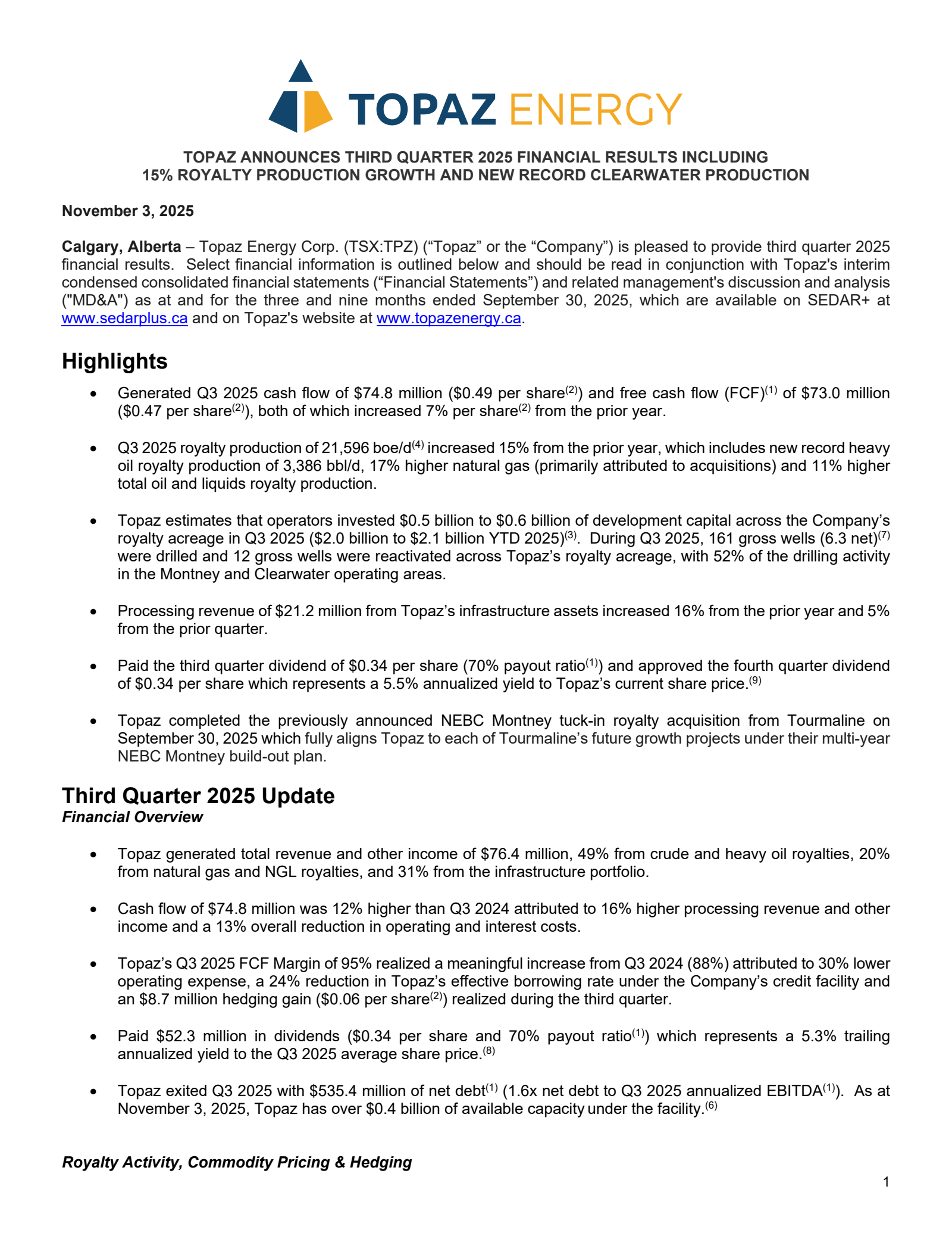 Topaz Energy's Q3 2025 Earnings Release