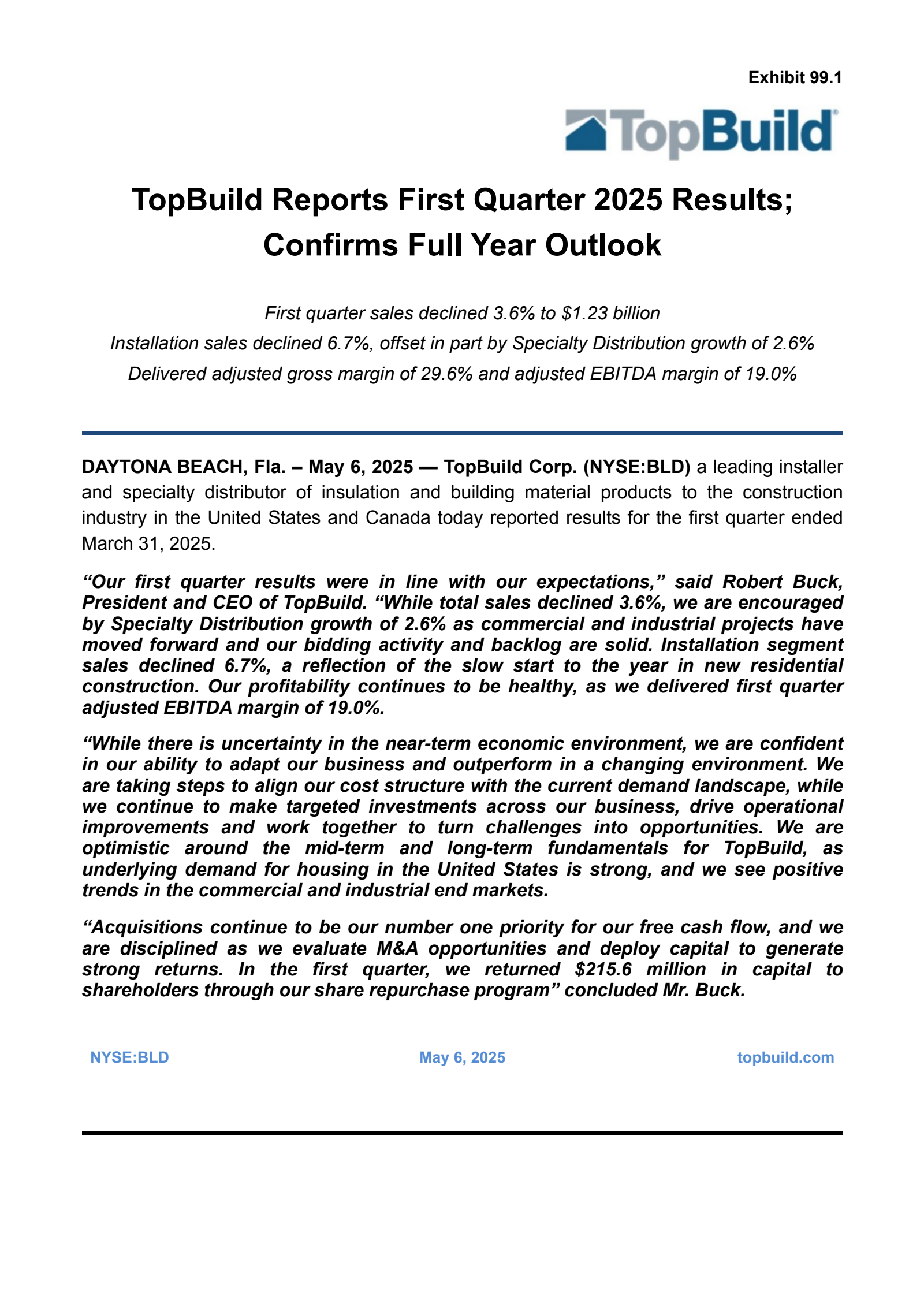 TopBuild's Q1 2025 Press Release