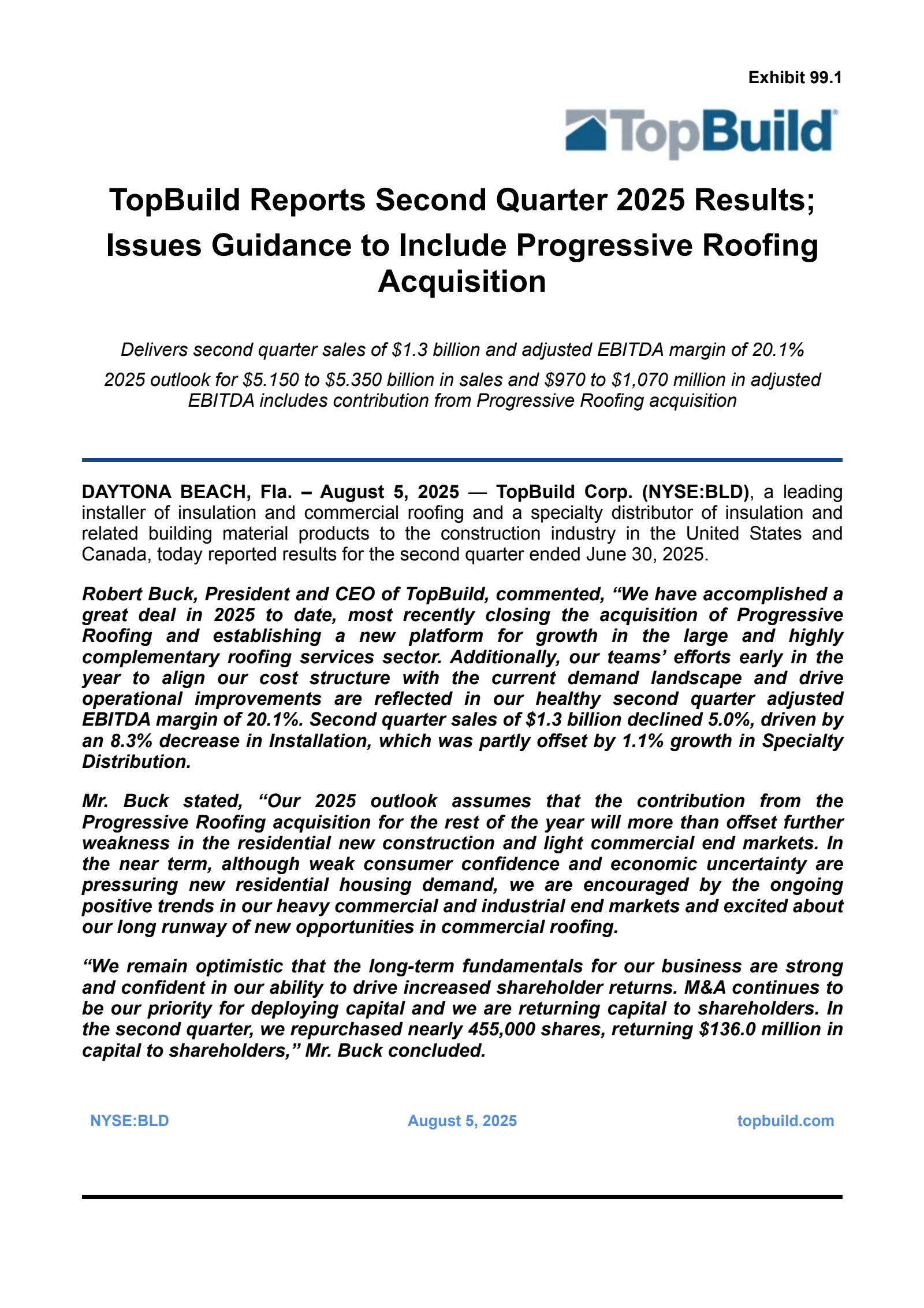 TopBuild's Q2 2025 Press Release