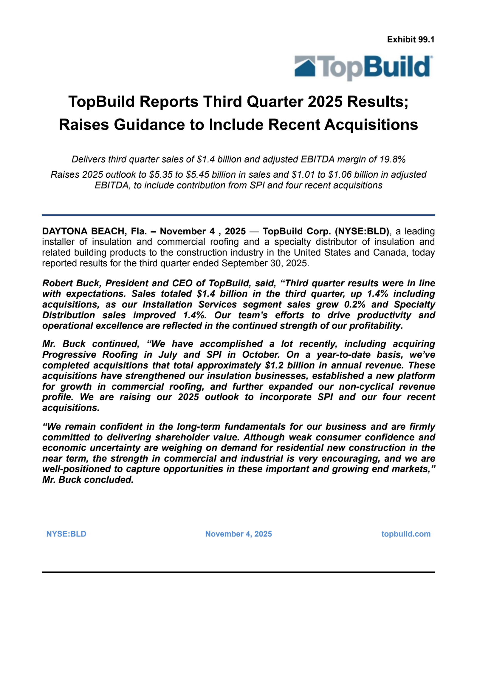 TopBuild's Q3 2025 Earnings Release