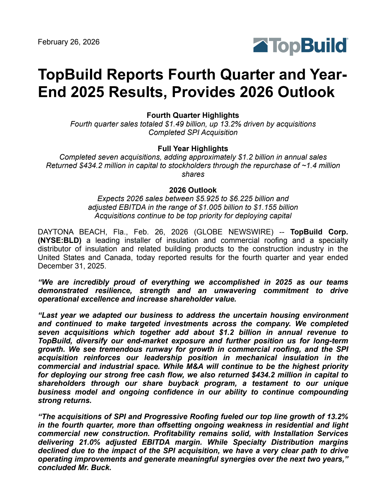 TopBuild's Q4 2025 Press Release