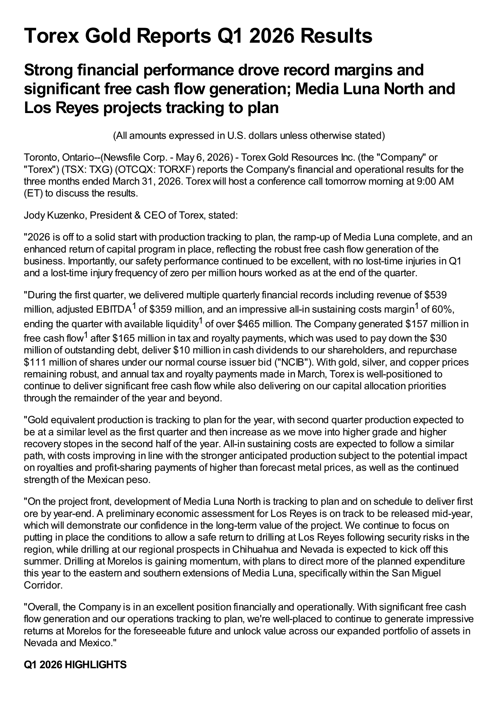 Torex Gold Resources' Q1 2026 Press Release