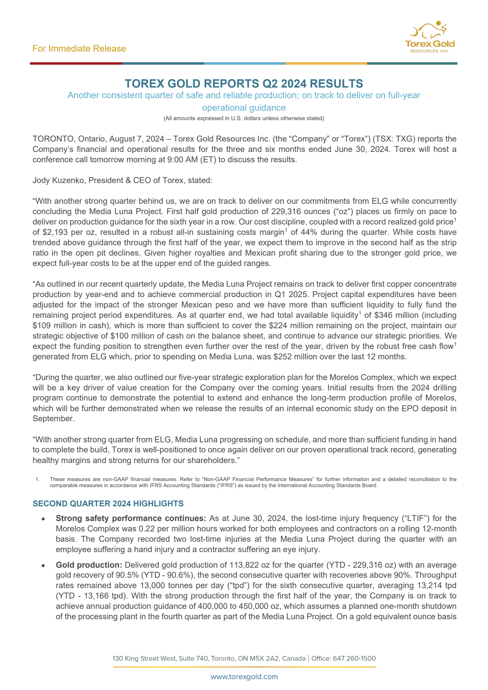 Torex Gold Resources' Q2 2024 Press Release
