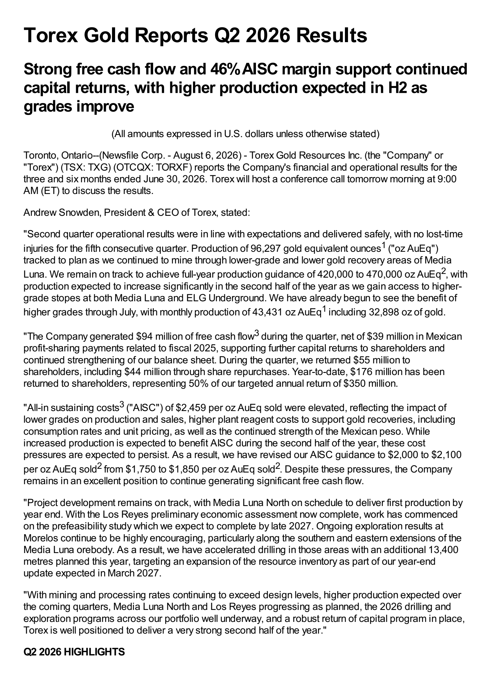 Torex Gold Resources' Q2 2026 Press Release