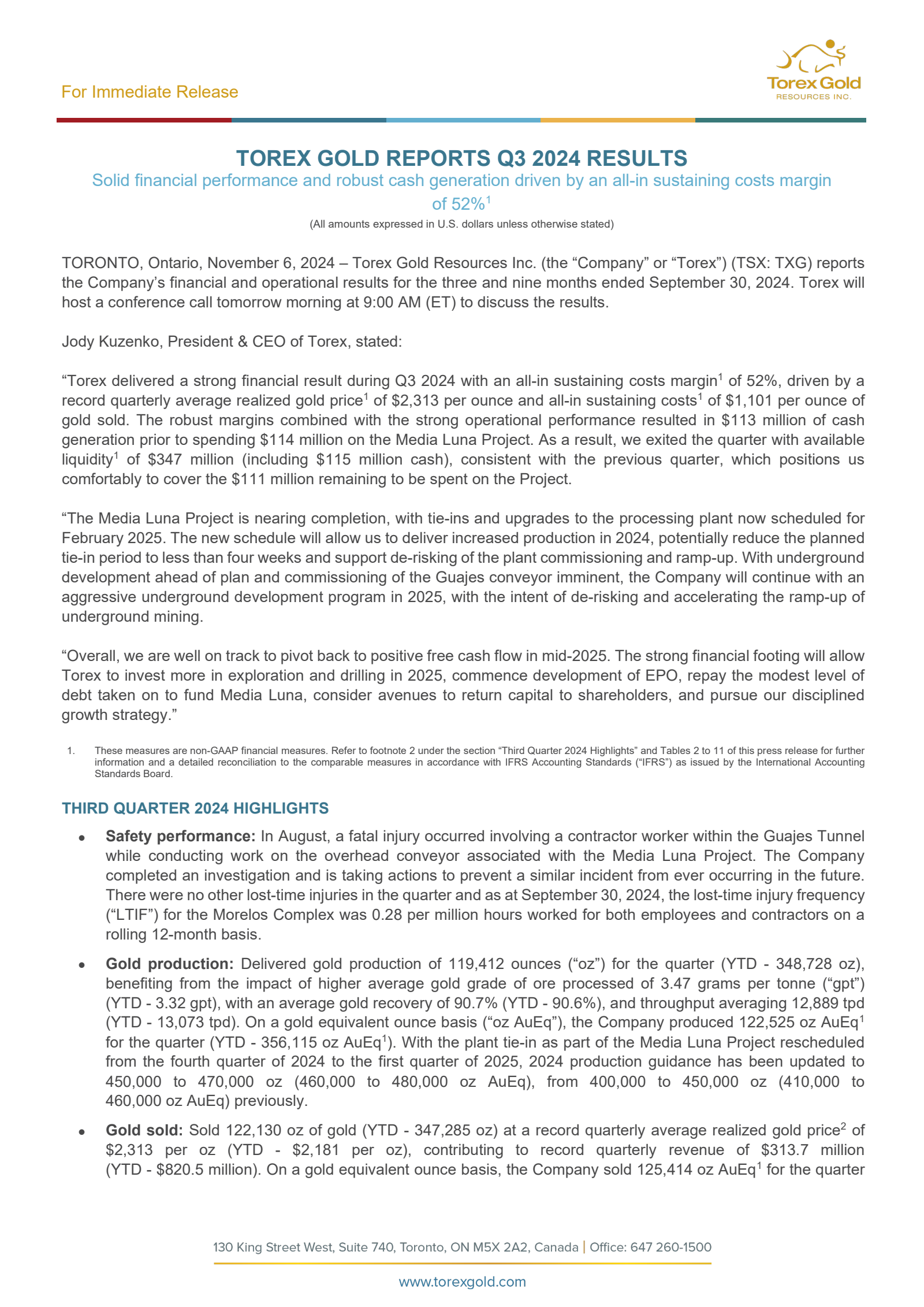 Torex Gold Resources' Q3 2024 Press Release