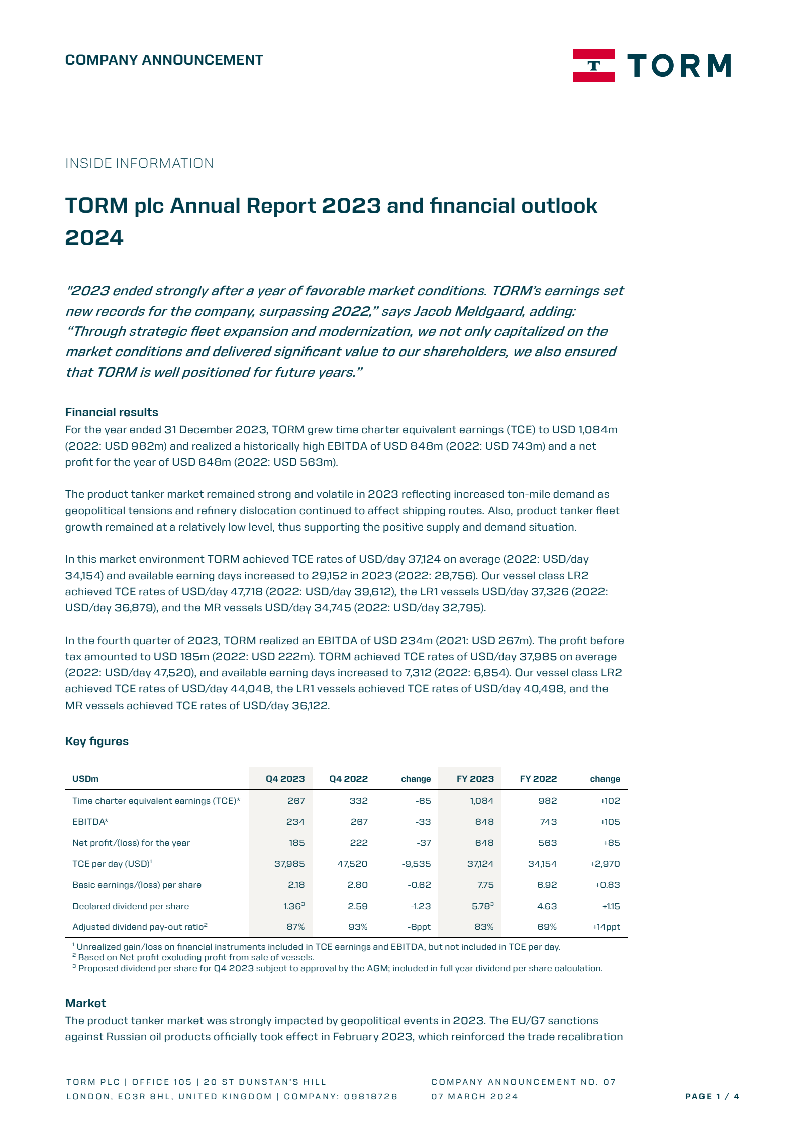 TORM's Q4 2023 Press Release