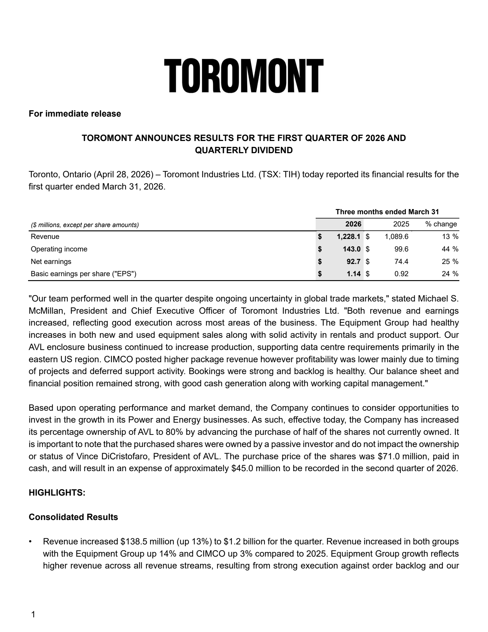 Toromont Industries' Q1 2026 Press Release