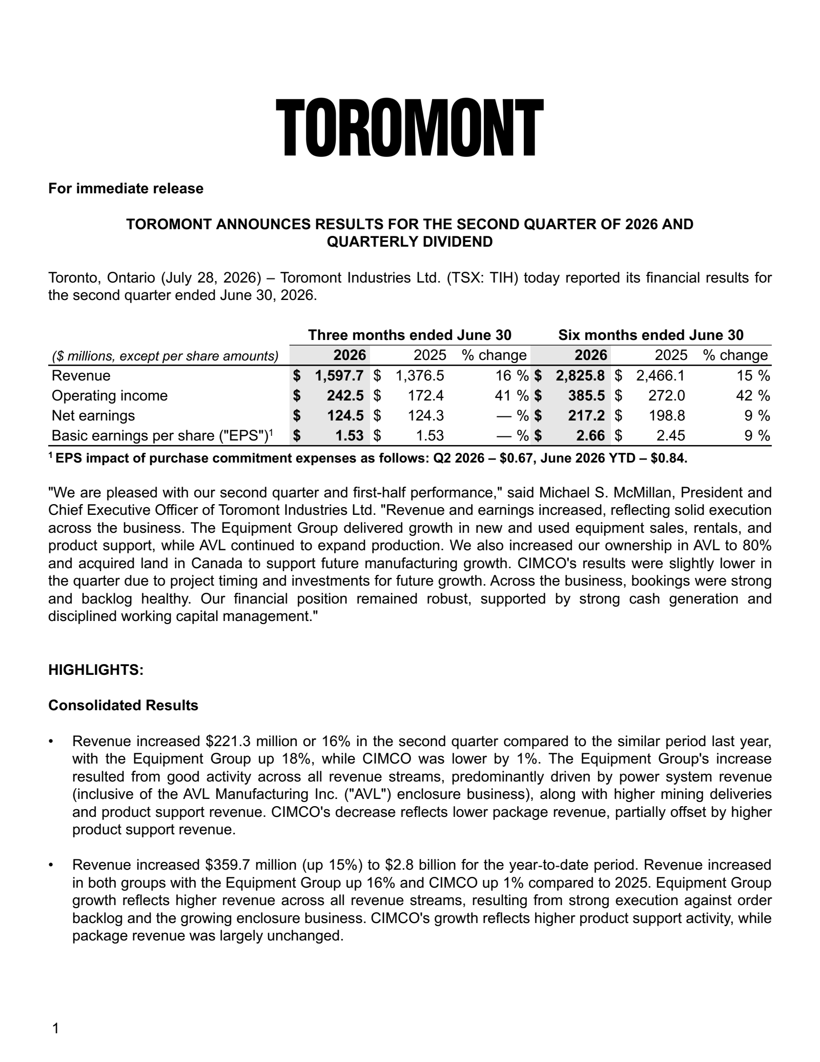 Toromont Industries' Q2 2026 Press Release