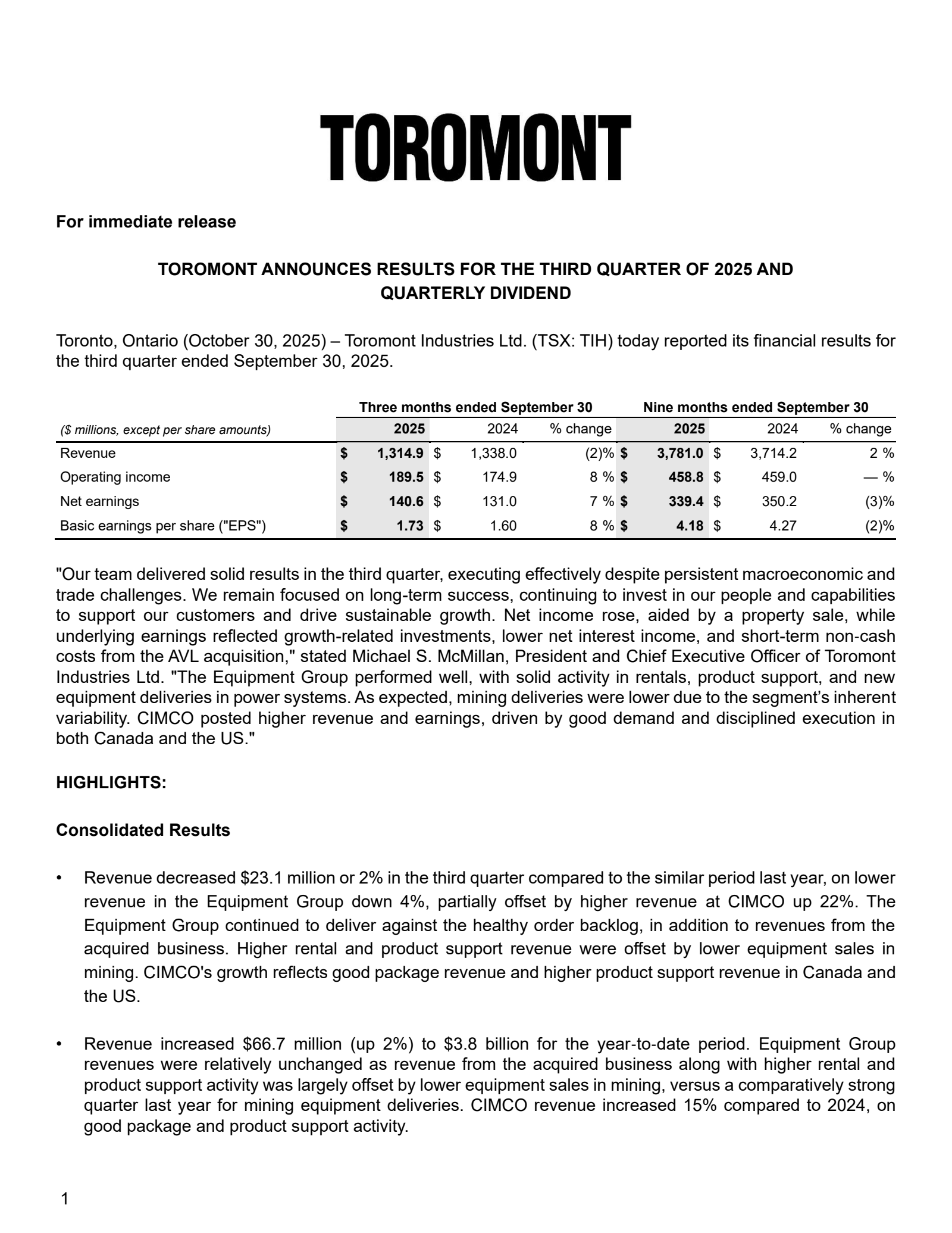 Toromont Industries' Q3 2025 Earnings Release