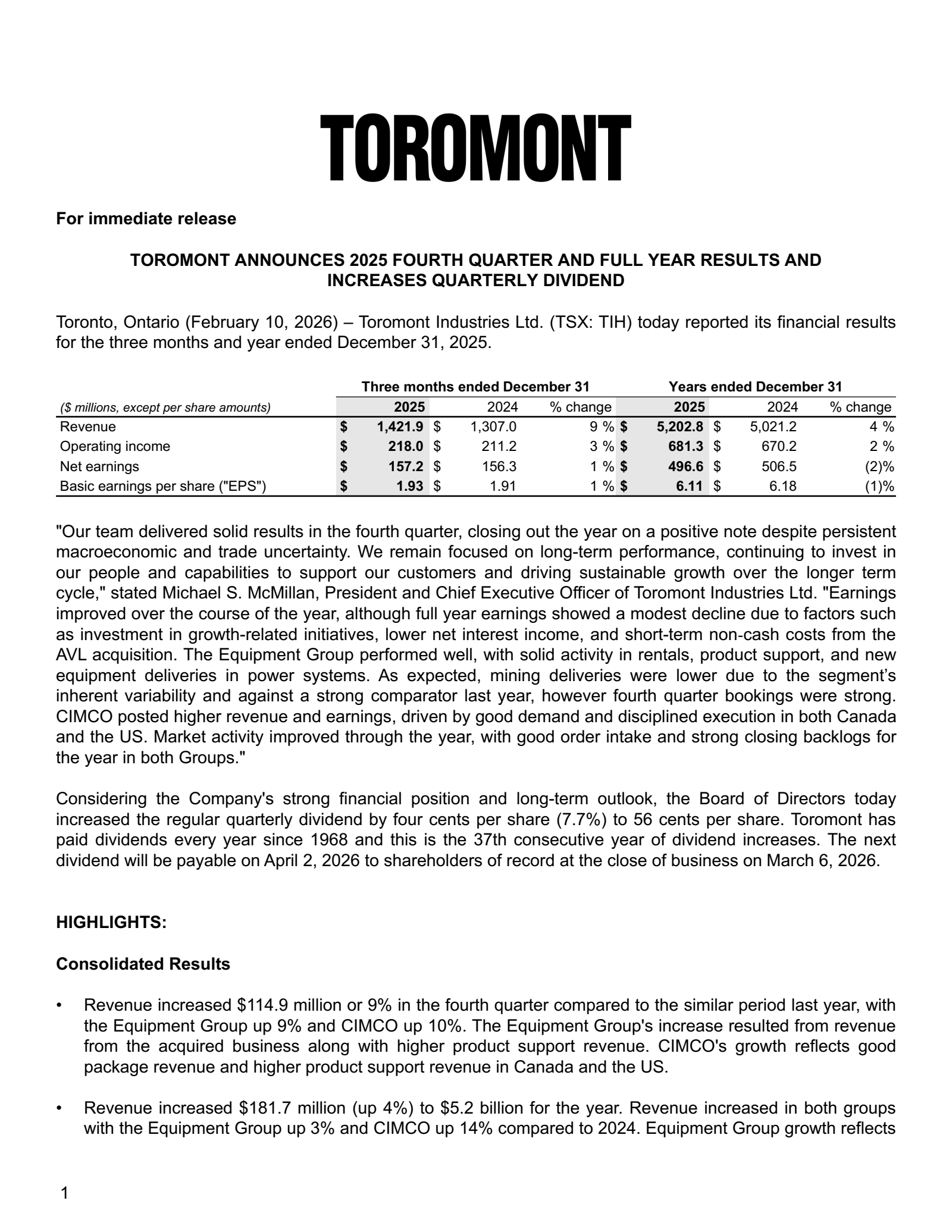 Toromont Industries' Q4 2025 Press Release