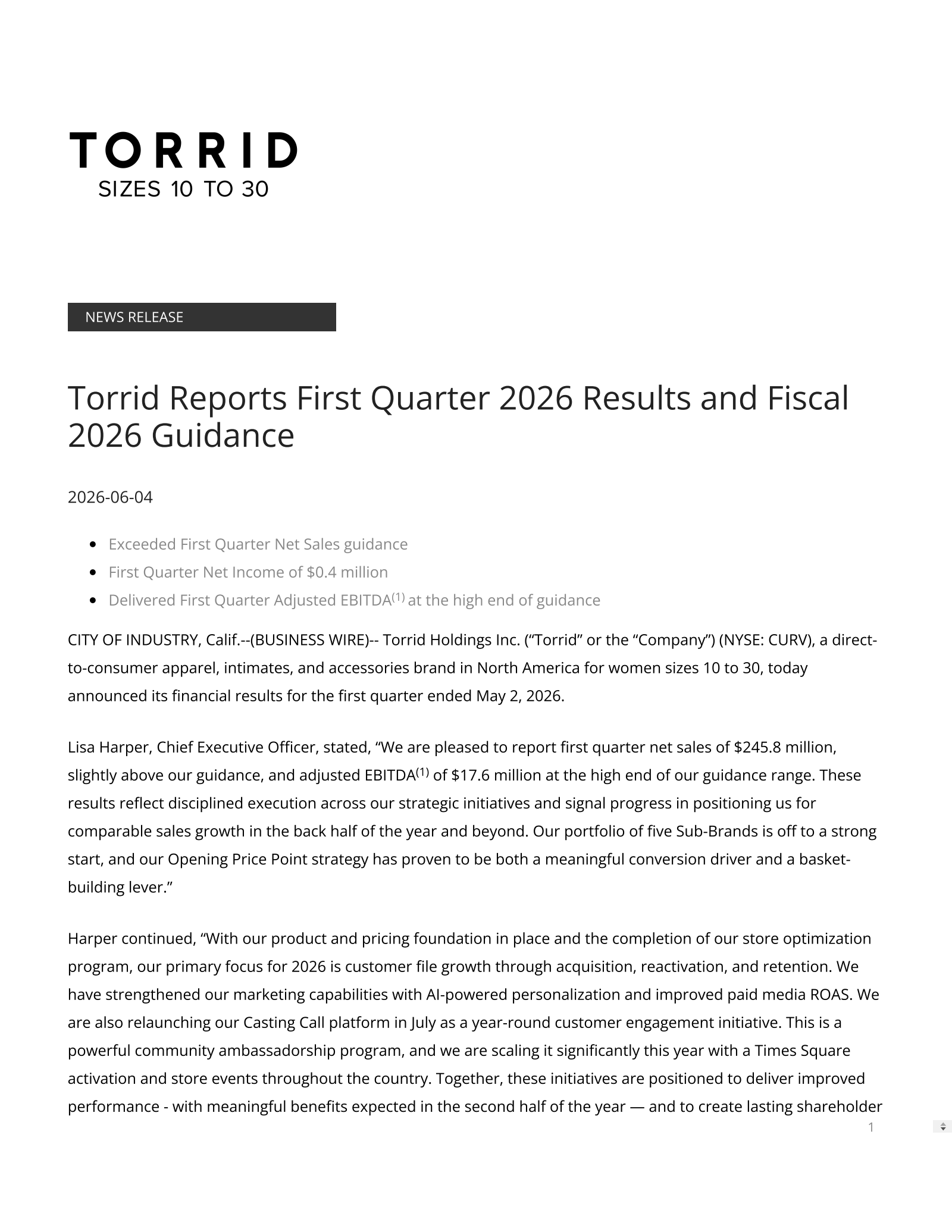 Torrid's Q1 2027 Press Release