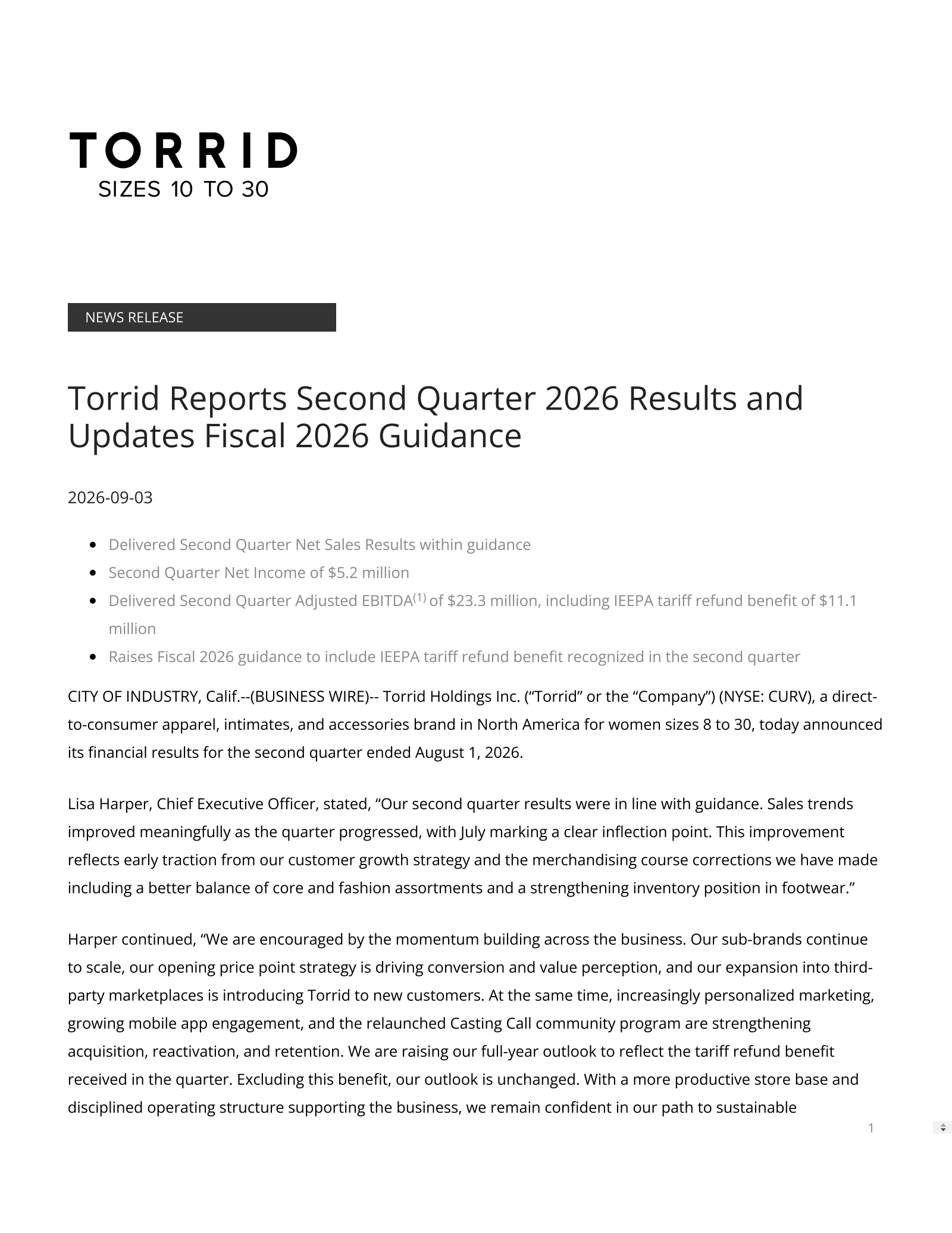 Torrid's Q2 2027 Press Release