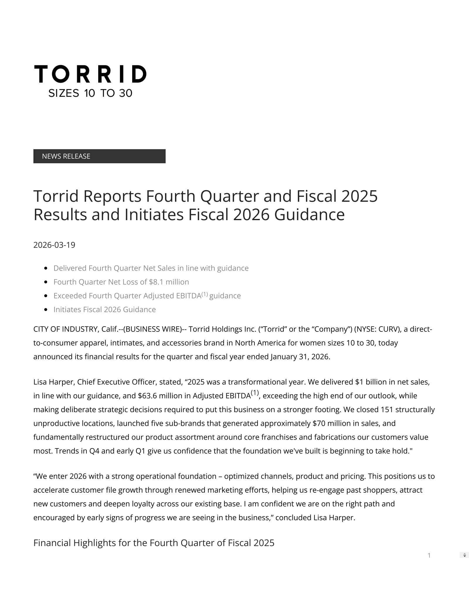 Torrid's Q4 2026 Press Release