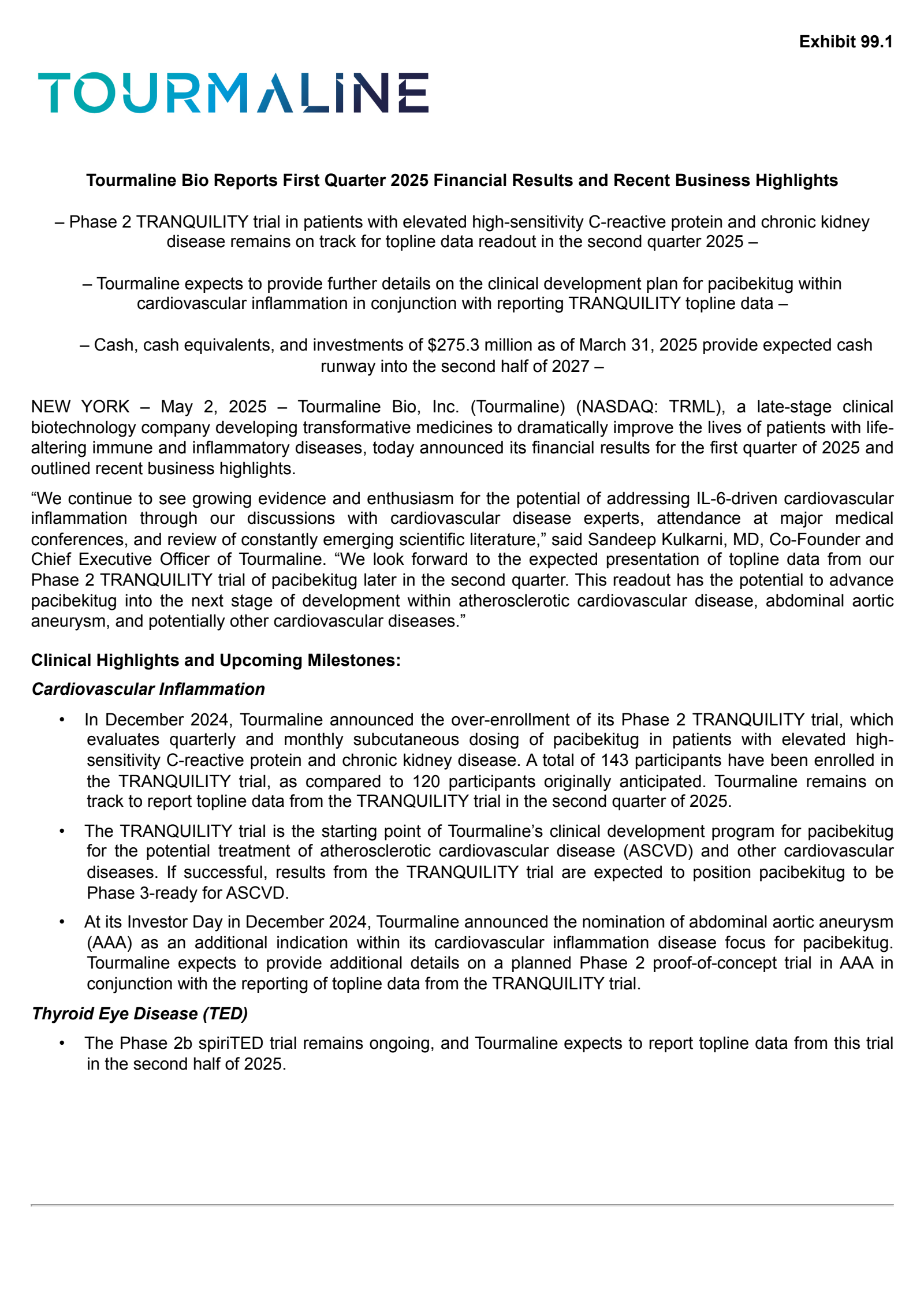 Tourmaline Bio's Q1 2025 Press Release