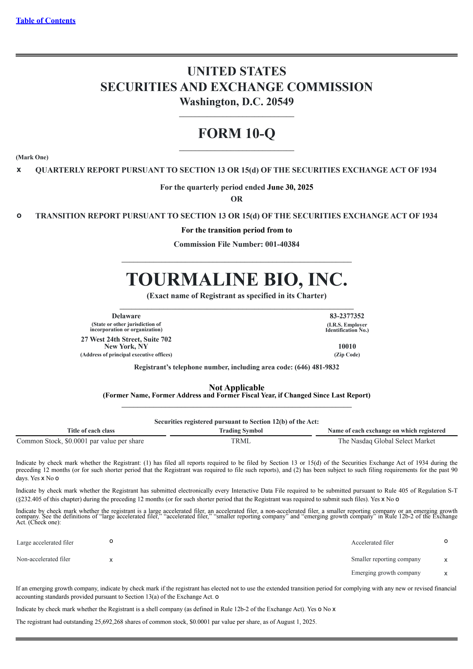Tourmaline Bio's Q2 2025 Quarterly report