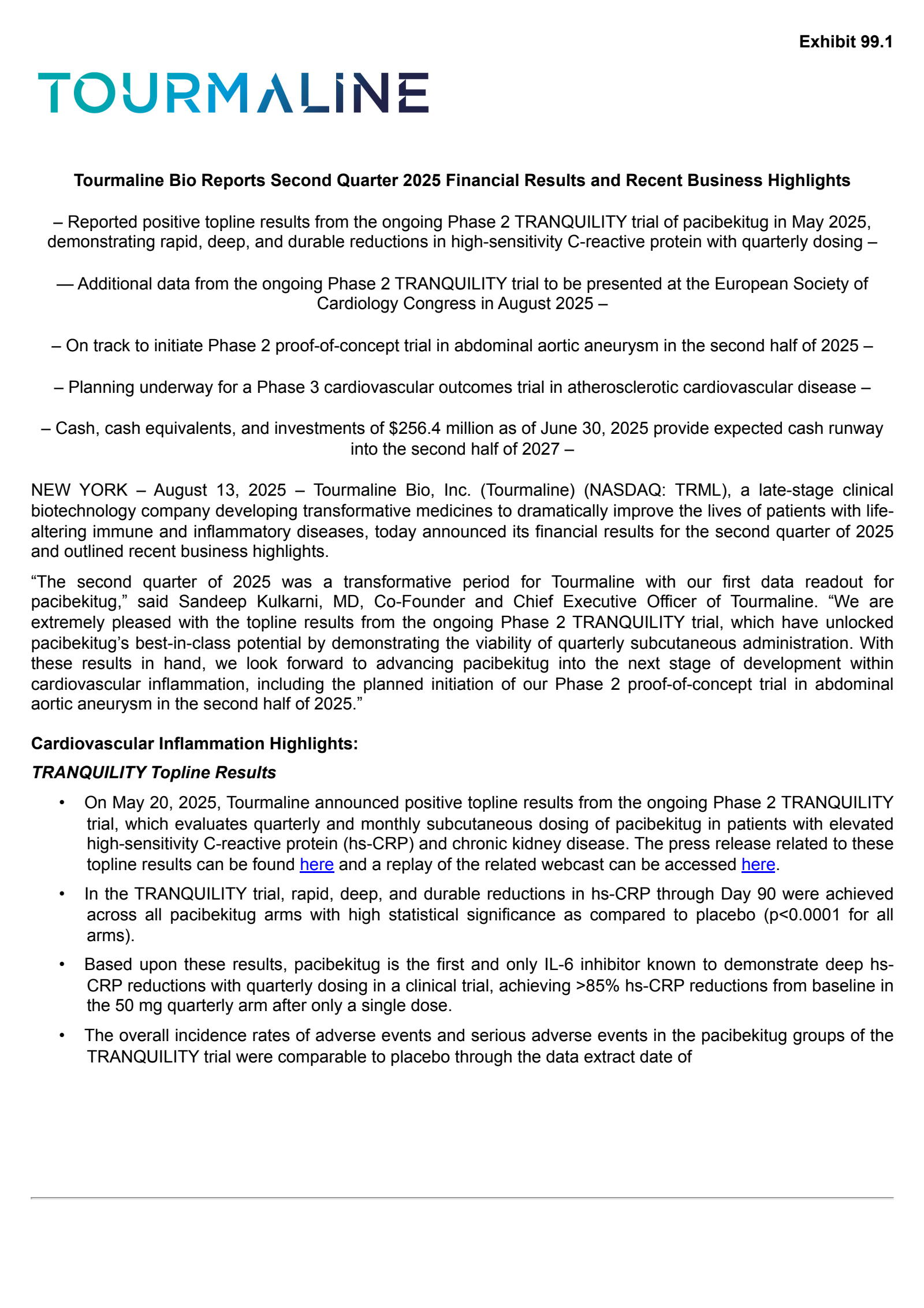 Tourmaline Bio's Q2 2025 Press Release