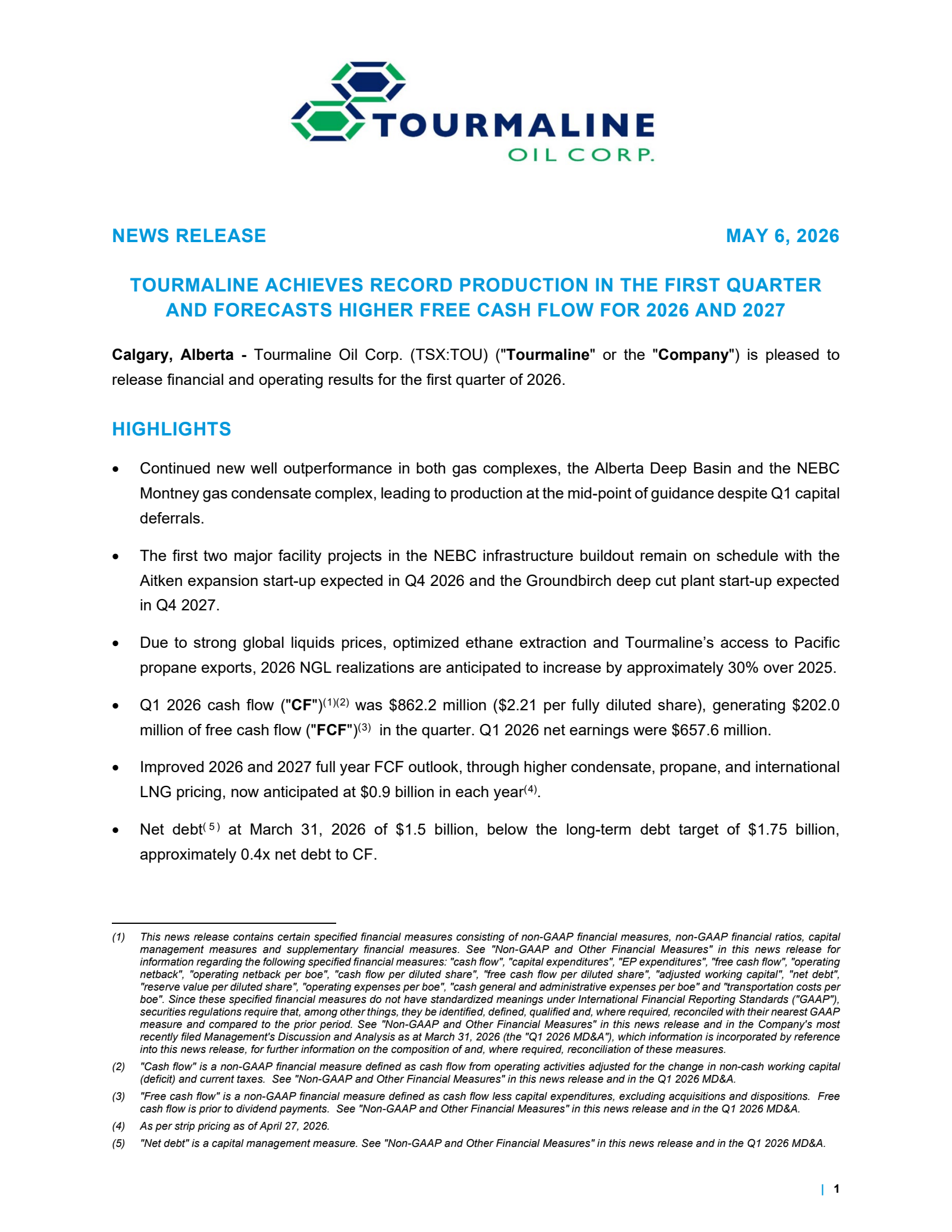 Tourmaline Oil's Q1 2026 Press Release