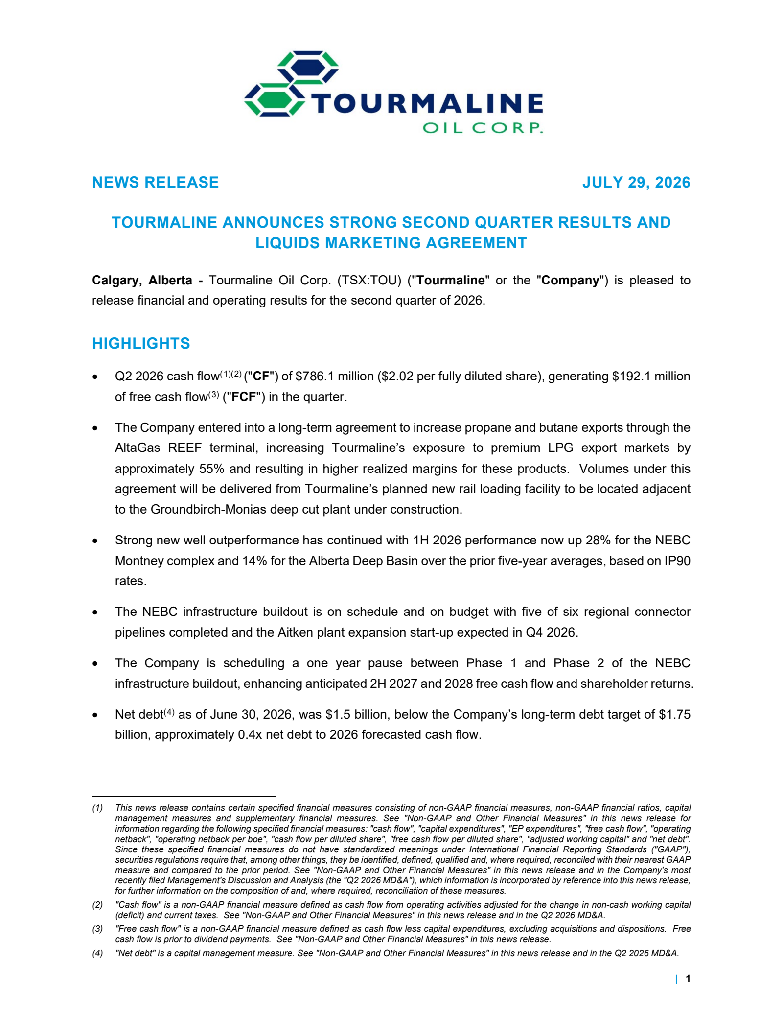 Tourmaline Oil's Q2 2026 Press Release