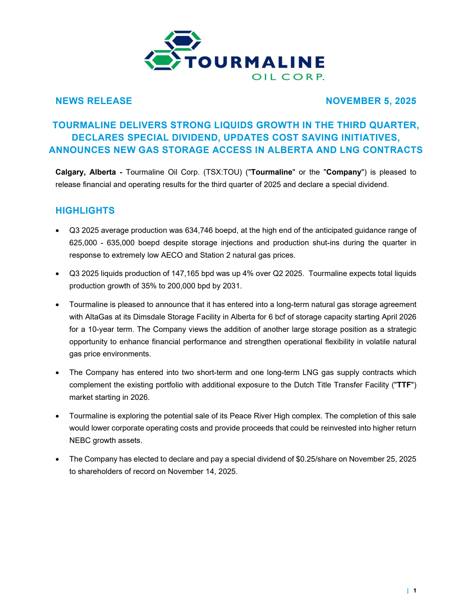 Tourmaline Oil's Q3 2025 Earnings Release