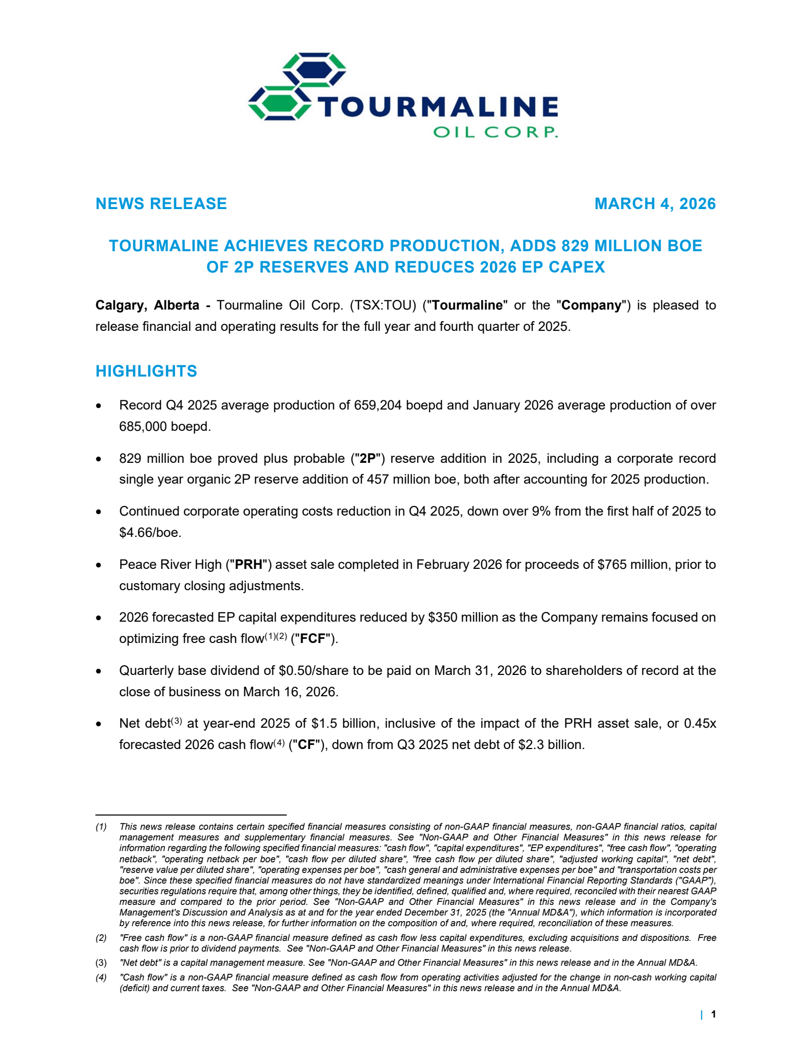 Tourmaline Oil's Q4 2025 Press Release