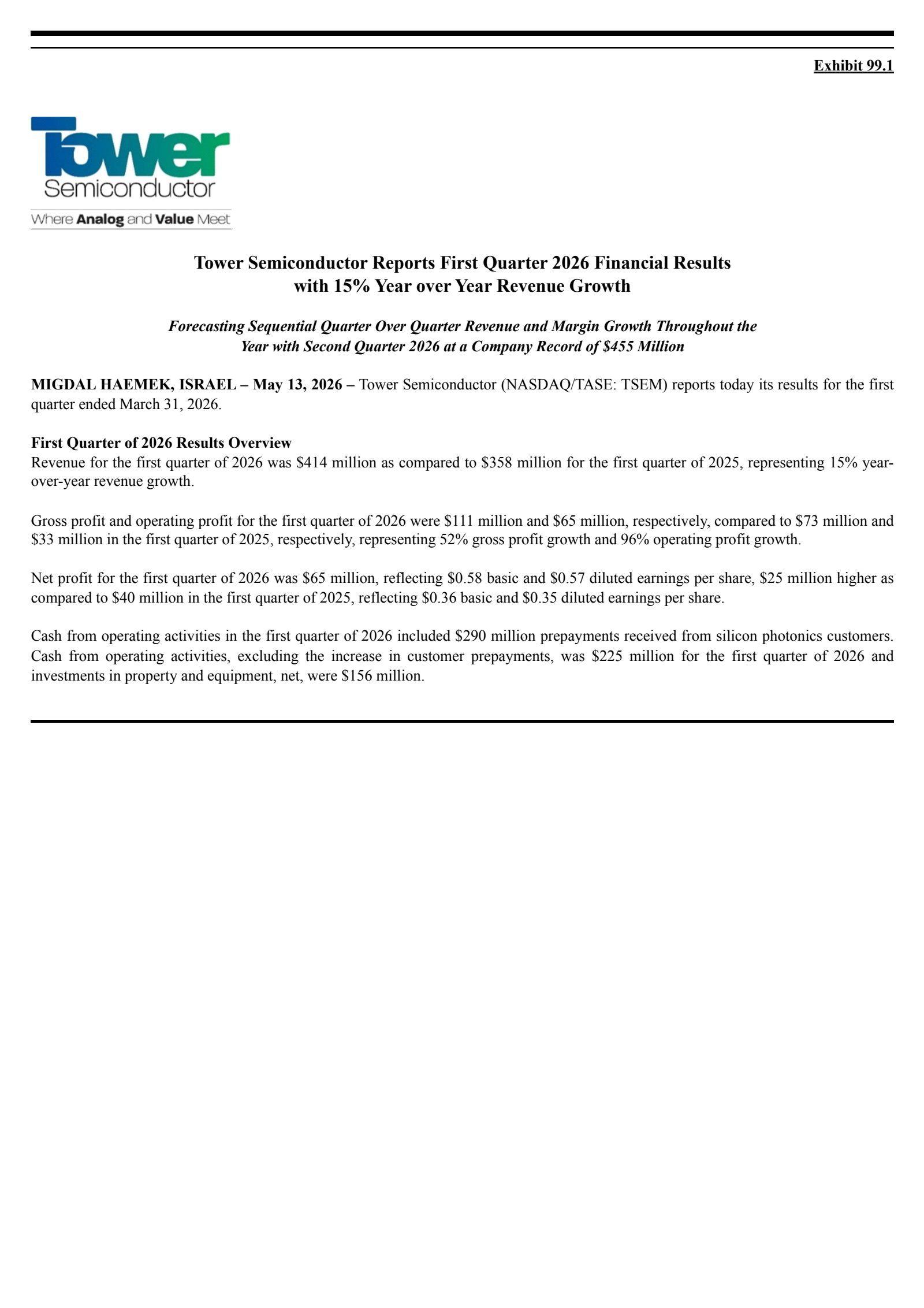 Tower Semiconductor's Q1 2026 Press Release