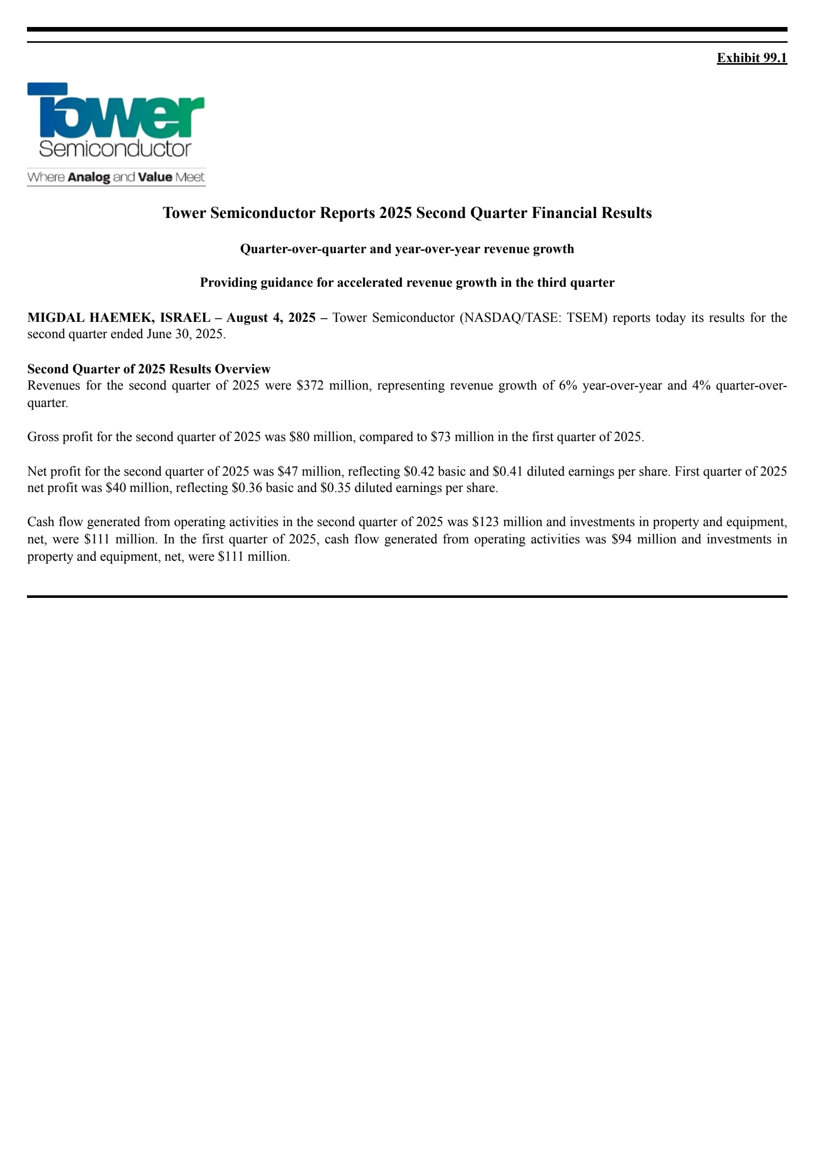 Tower Semiconductor's Q2 2025 Press Release