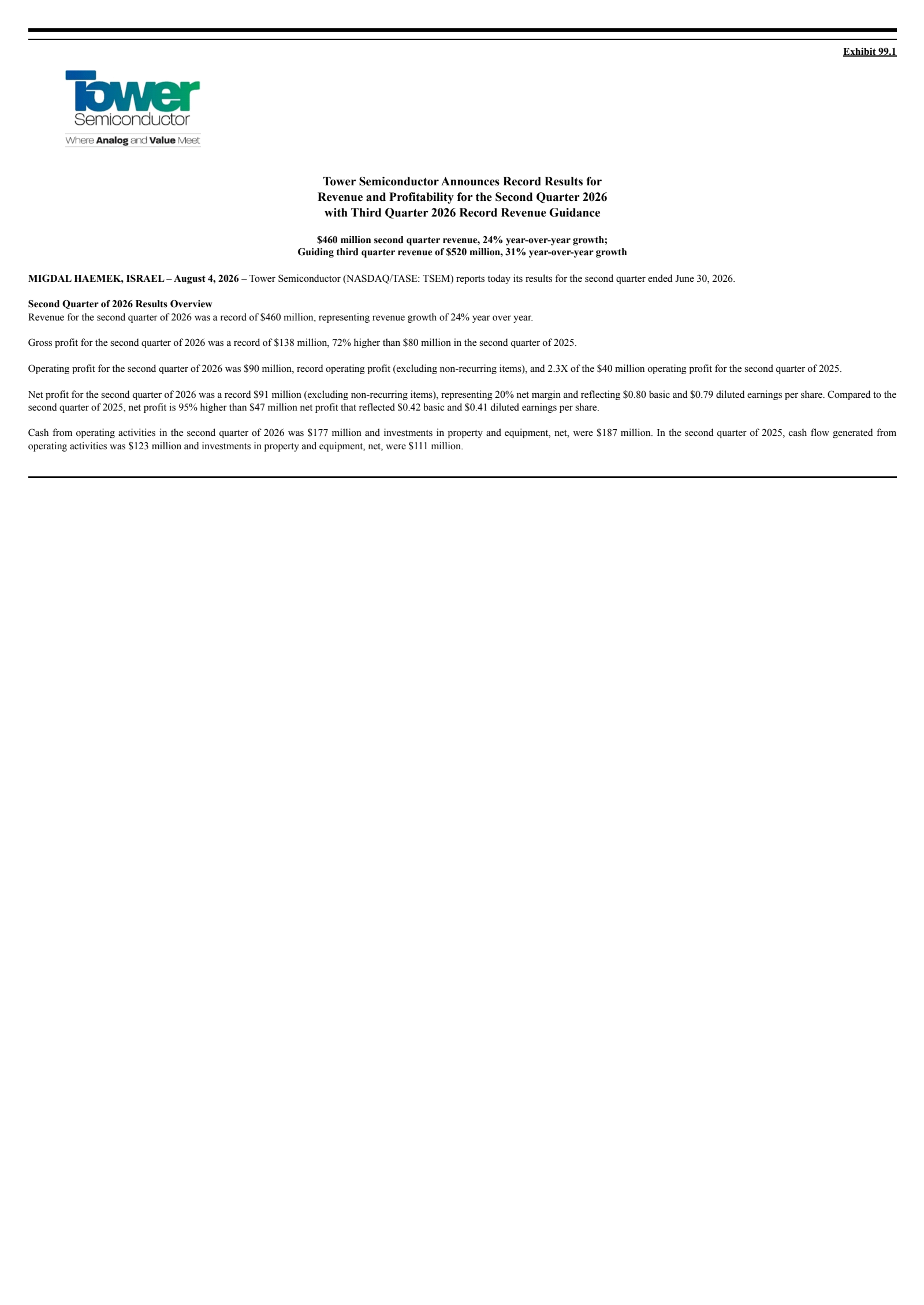 Tower Semiconductor's Q2 2026 Press Release